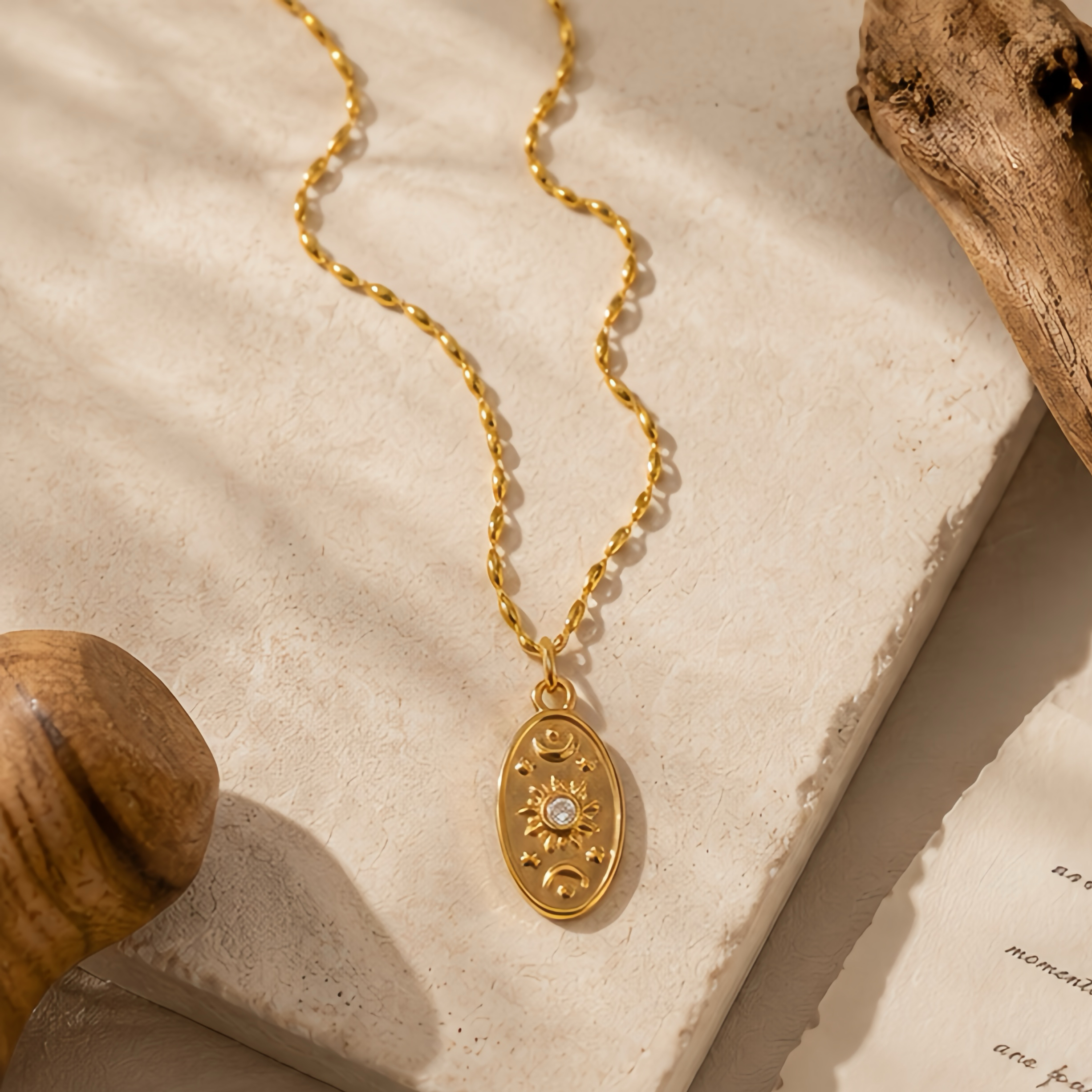 An oval, aged, embossed star, sun and moon, diamond-encrusted pendant, stainless steel, retro design, European and American street style, a unique and distinctive long collarbone necklace