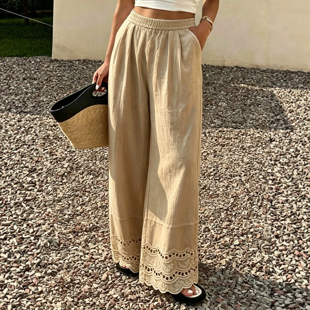 New summer cross-border women's trousers from Europe and America: solid color, fashionable, loose, casual, daily lace, cotton and linen wide-leg trousers for women, loose and casual Application Scenario