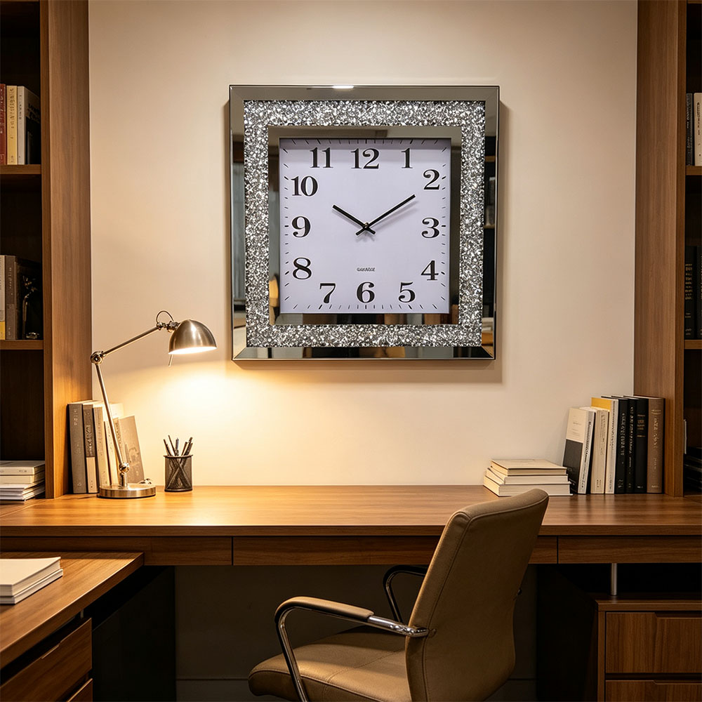 Silver diamond-encrusted digital craft wall clock, a simple and fashionable diamond-encrusted glass wall clock for bedroom, living room and entrance hall Item Picture