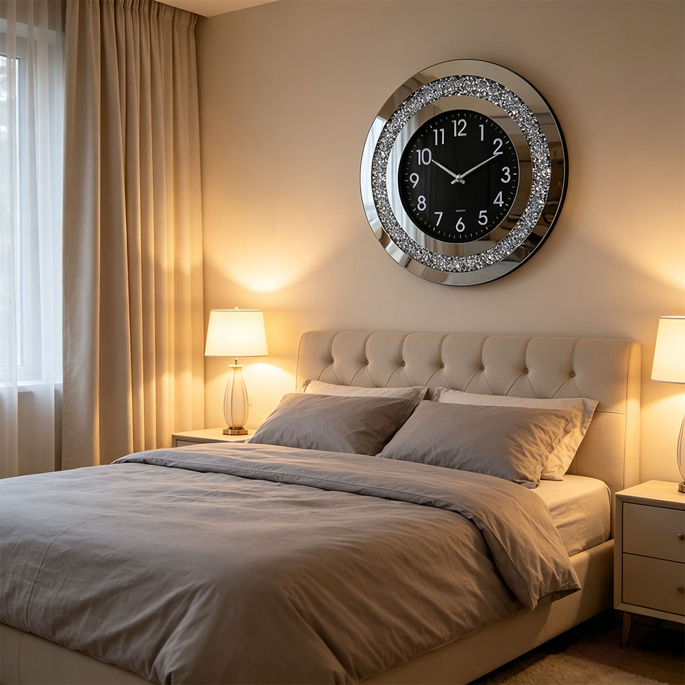 A simple round black dial, silver glass decorative wall clock, circular digital art craftsmanship, bedroom, living room and entrance hall glass wall clock Specification image