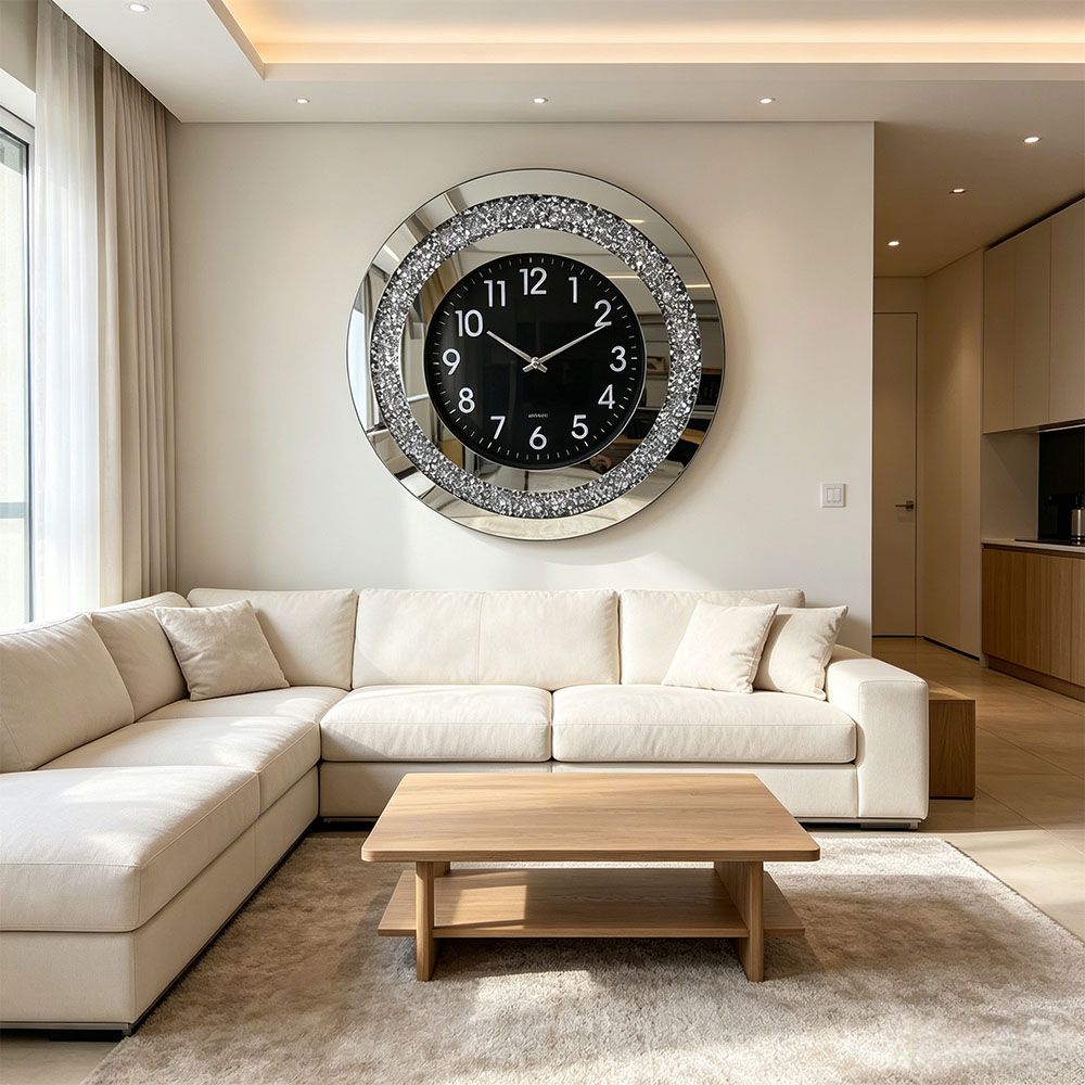 A simple round black dial, silver glass decorative wall clock, circular digital art craftsmanship, bedroom, living room and entrance hall glass wall clock Application Scenario