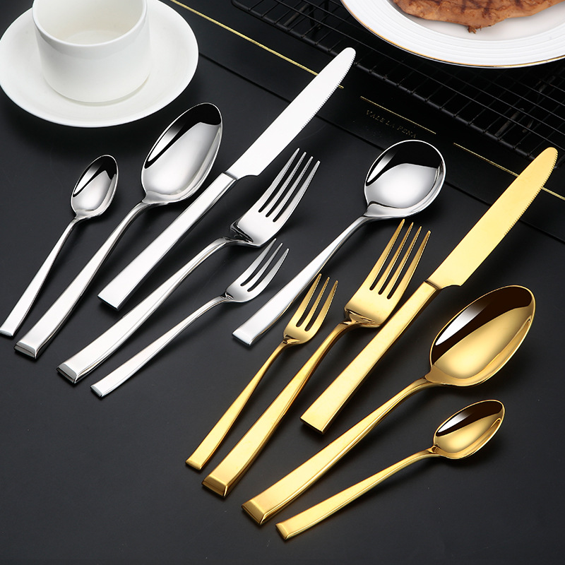 304 stainless steel square handle Western knife, Western fork, Western spoon, round spoon, hotel and restaurant home creative Western tableware details Picture