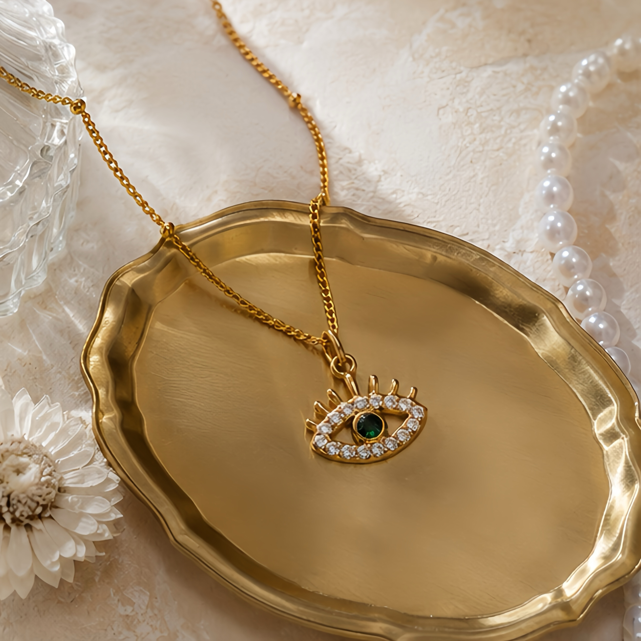 Hollowed-out devil's eye green diamond pendant, a unique street style in the Middle East, a niche long stainless steel decorative necklace Application Scenario