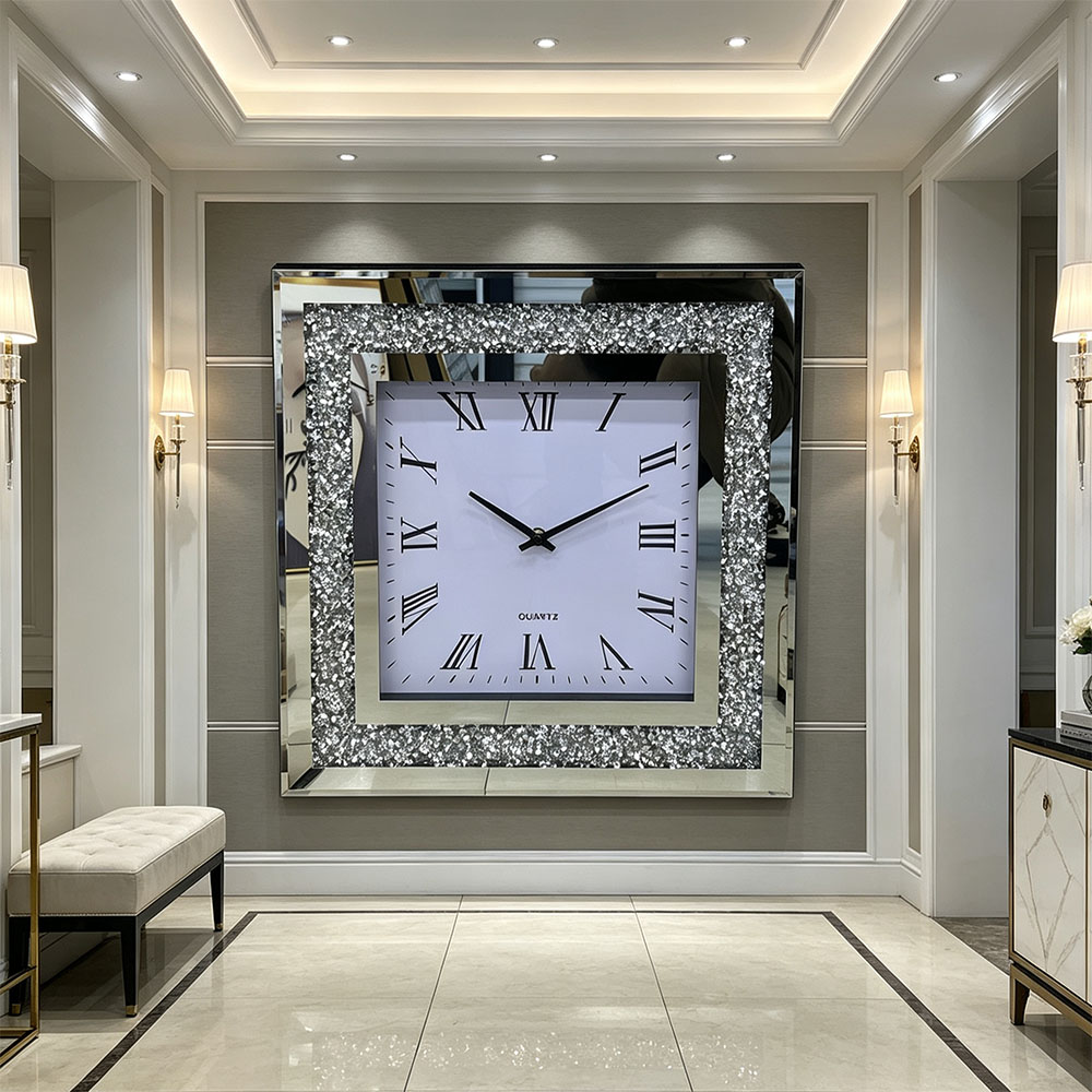 Square Roman numeral craft wall clock, simple Nordic-style artistic craftsmanship, living room, bedroom, entrance hall glass wall clock with diamond