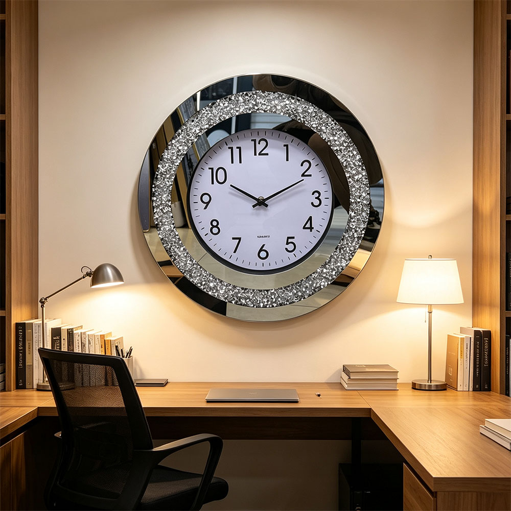 Circular silver diamond-encrusted digital craft wall clock, a simple and fashionable diamond-encrusted glass wall clock for the bedroom, living room and entrance hall Item Picture