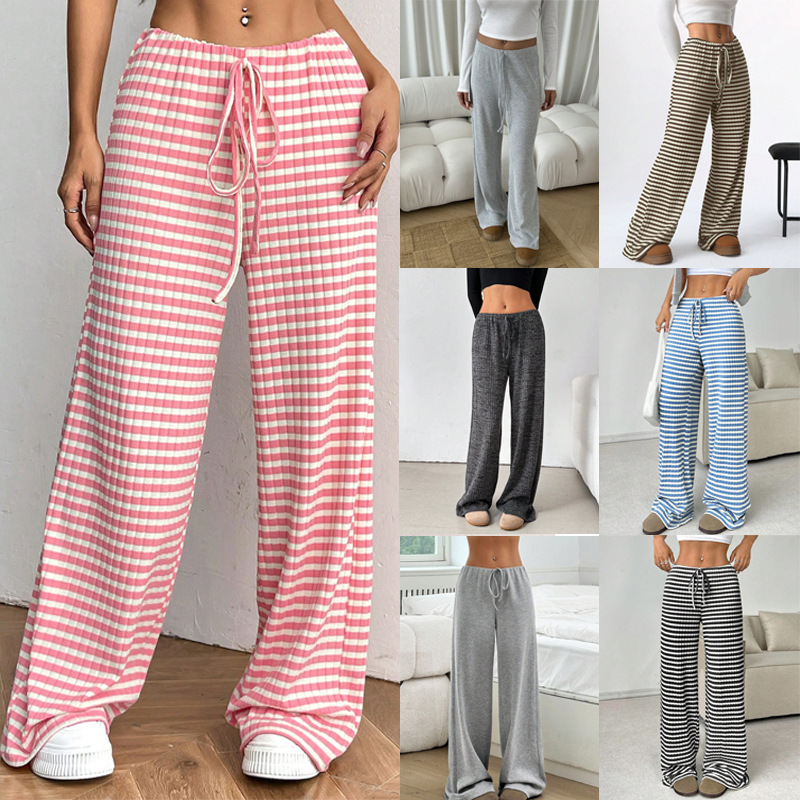 New casual striped solid color elastic drawstring cotton straight-leg pants for Amazon's cross-border women's clothing in the spring and autumn of 2026 Item Picture