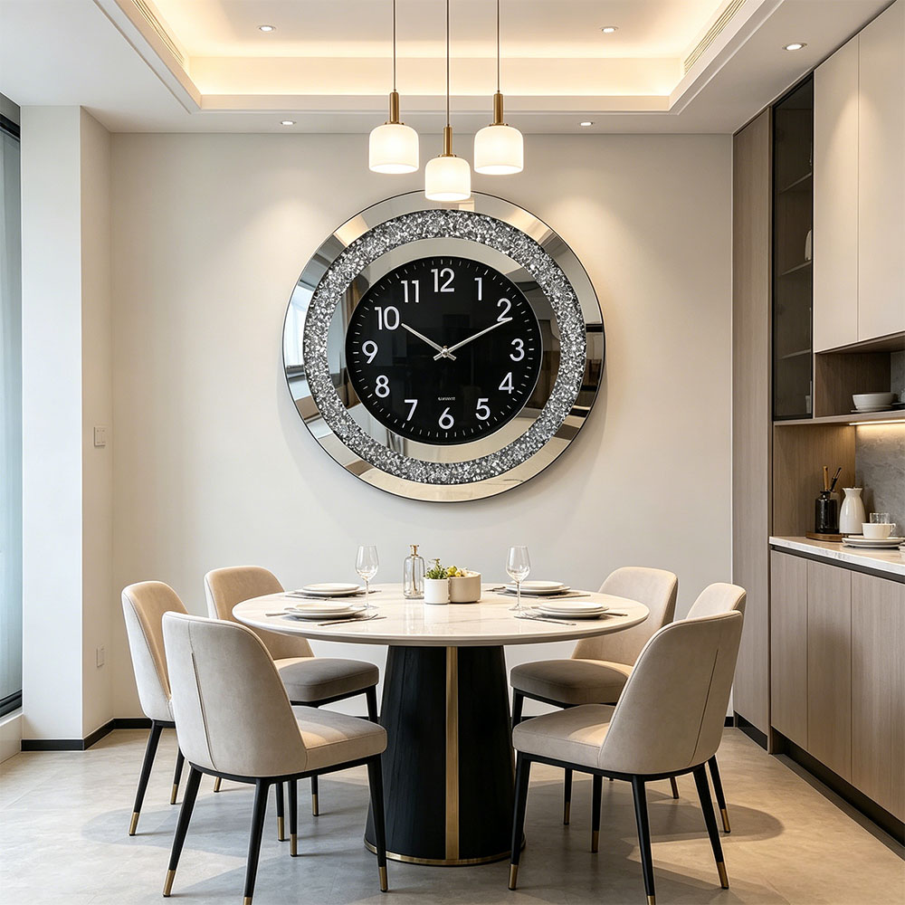 A simple round black dial, silver glass decorative wall clock, circular digital art craftsmanship, bedroom, living room and entrance hall glass wall clock Item Picture
