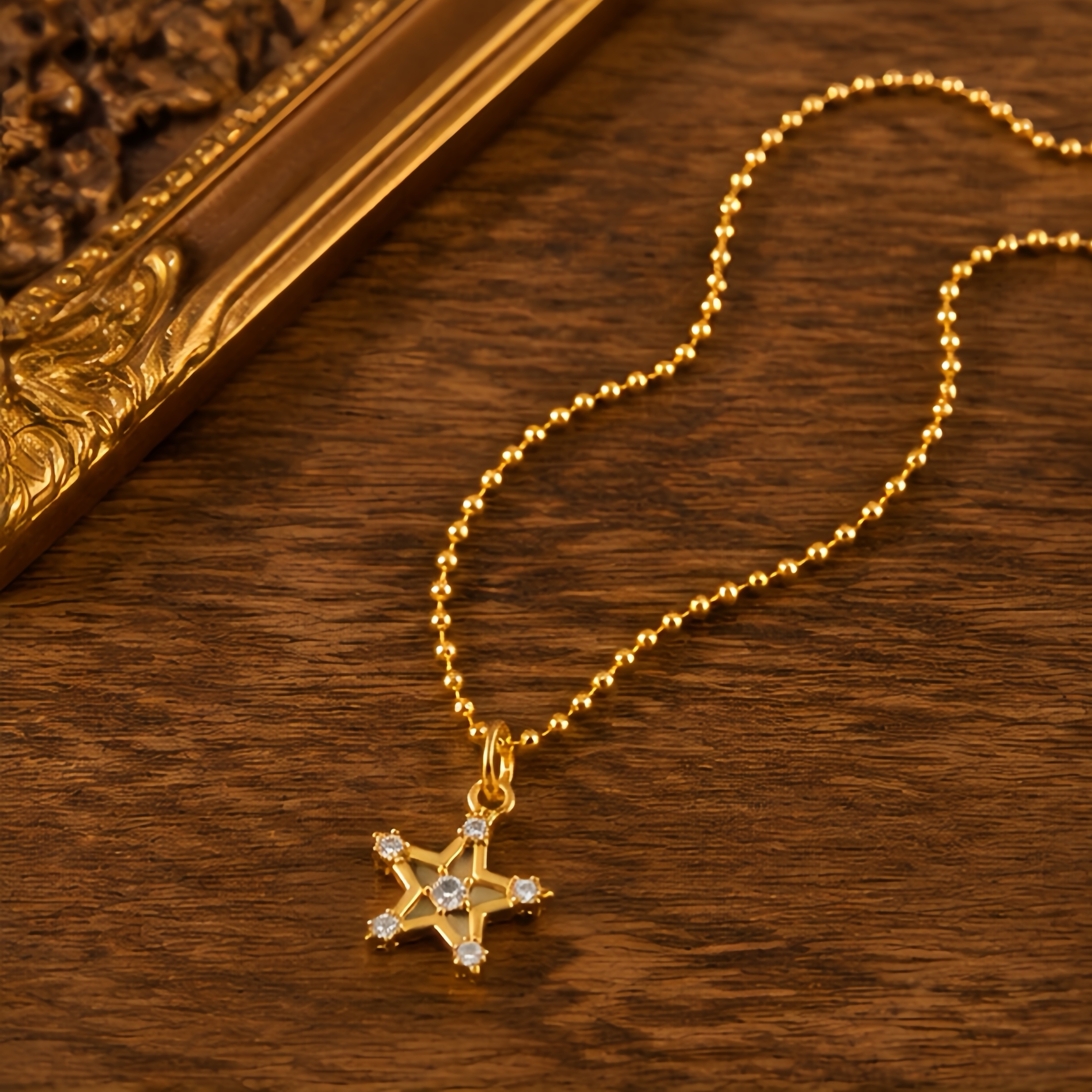 French-style hollowed-out hexagonal star-studded stainless steel round bead necklace, long-lasting color retention, niche collarbone chain, simple and light luxury, versatile for daily layering, high-end ladies' jewelry Application Scenario