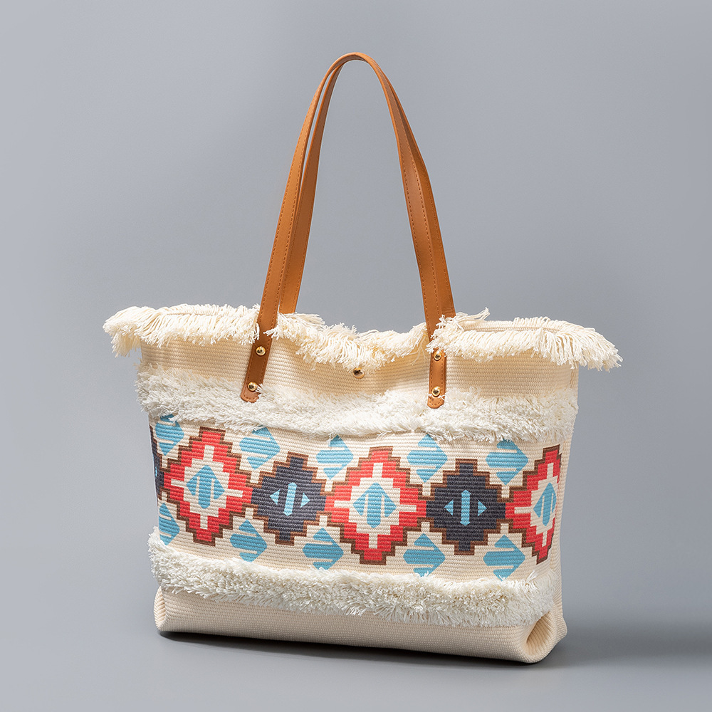 Cross-border canvas bag, large-capacity women's tote bag, four-sided tassel handbag, niche design, ethnic style single-shoulder bag, tote bag, canvas bag Item Picture
