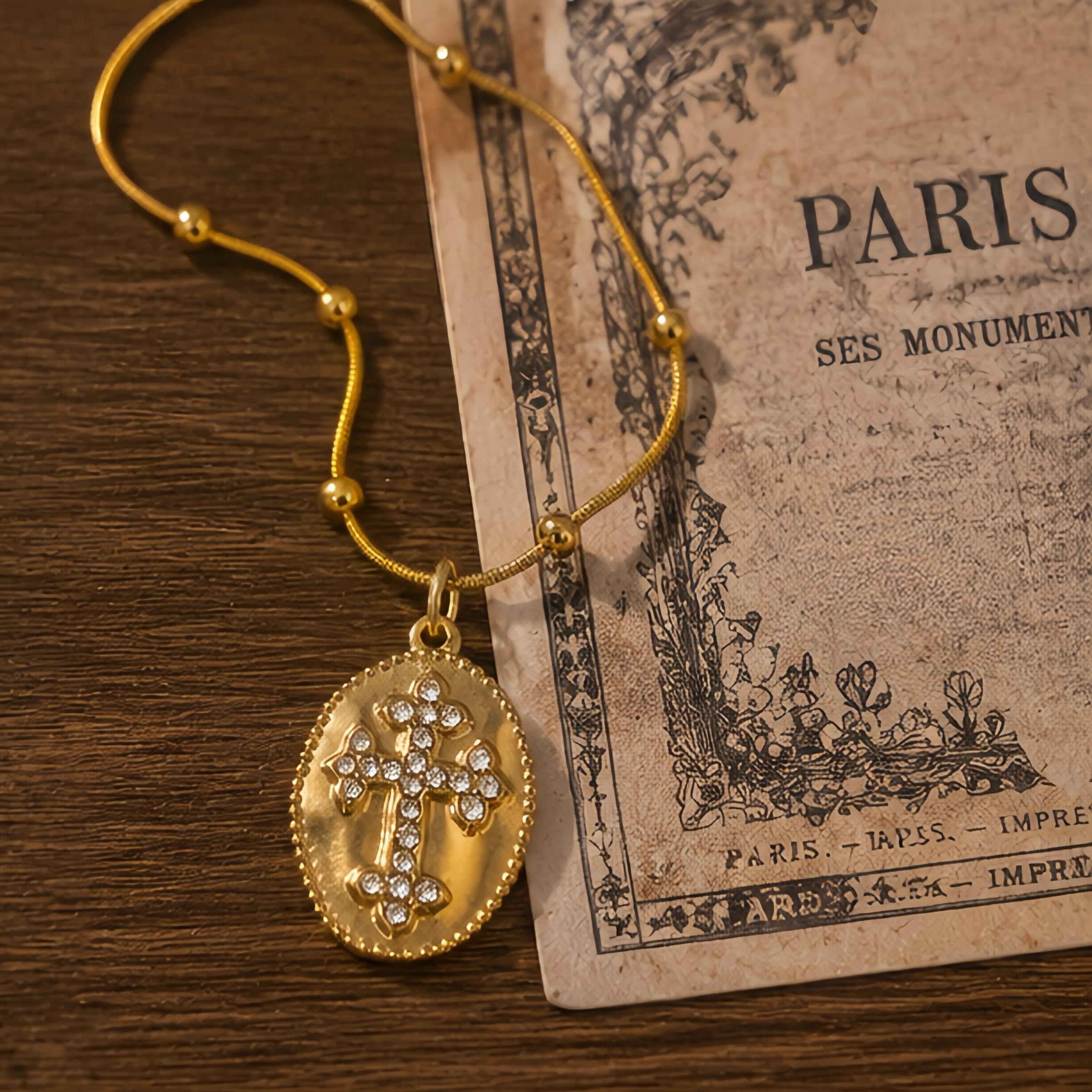 Full diamond cross relief distressed oval pendant, stainless steel retro texture, metal non-fading snake bone chain, high-end quality, versatile women's neck accessory full image