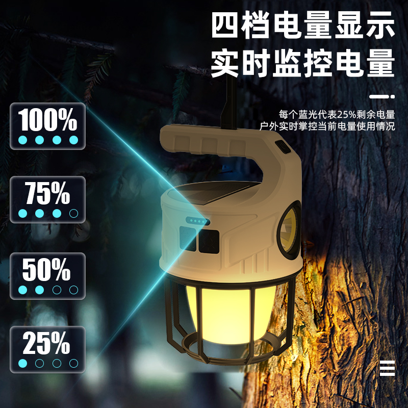 Wushang white camping light strip, black handle, solar panel, LED lamp head, protective bracket, control panel, portable outdoor camping lamp details Picture
