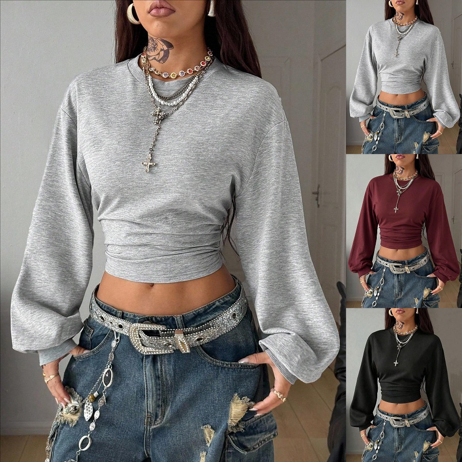 2026 Cross-border European and American women's clothing Amazon Autumn New casual and fashionable solid color pleated long-sleeved pullover hoodie Application Scenario