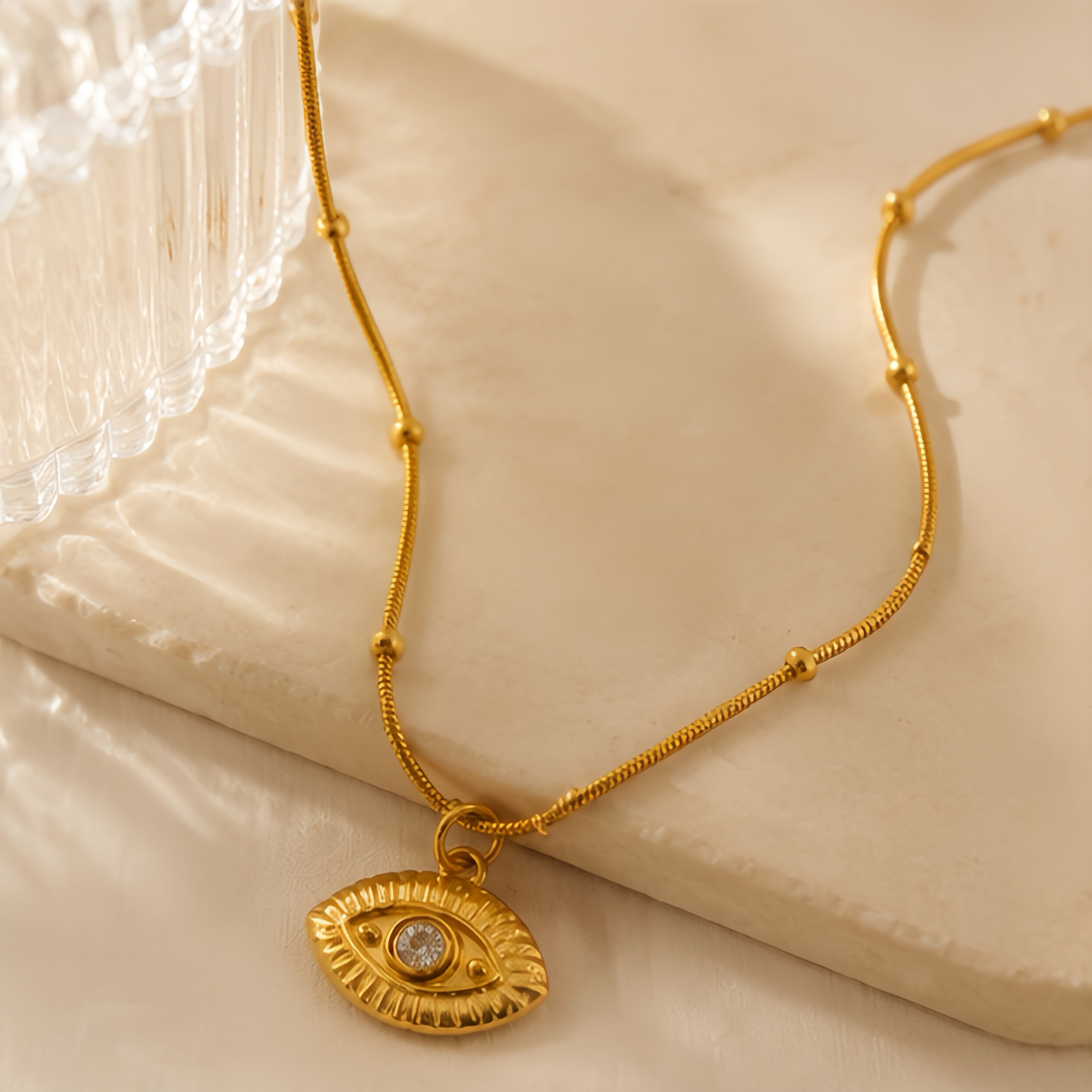 Medieval embossed devil's eye stainless steel snake bone chain, niche texture metal necklace, European and American style design, women's layered accessory details Picture