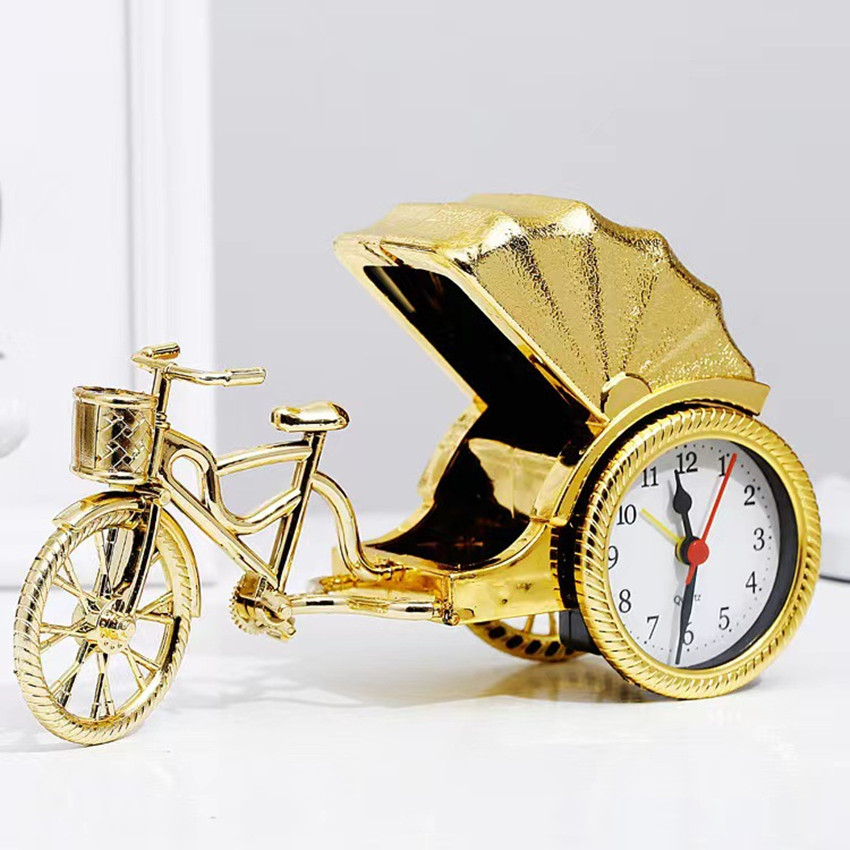 "National Trend - Chinese style golden tricycle rickshaw shaped creative wall clock, living room and bedroom decoration clock. full image