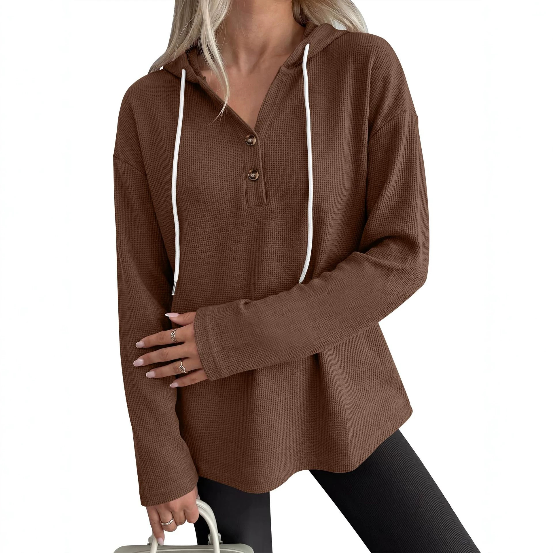 2026 Cross-border European and American women's clothing Amazon Autumn New Waffle hoodie, drawstring loose long-sleeved sweatshirt full image