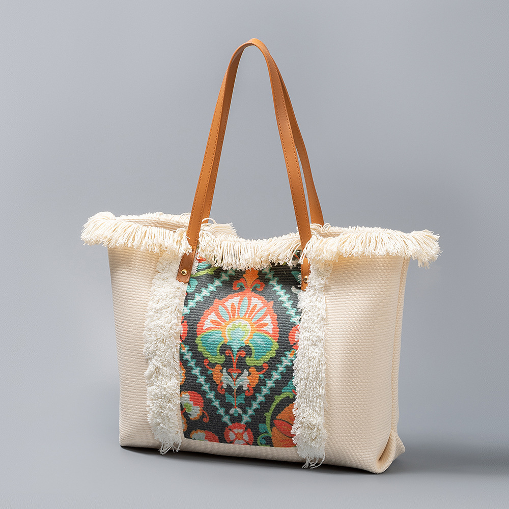 Cross-border canvas bag, large-capacity women's tote bag, four-sided tassel handbag, niche design, ethnic style single-shoulder bag, tote bag, canvas bag Specification image