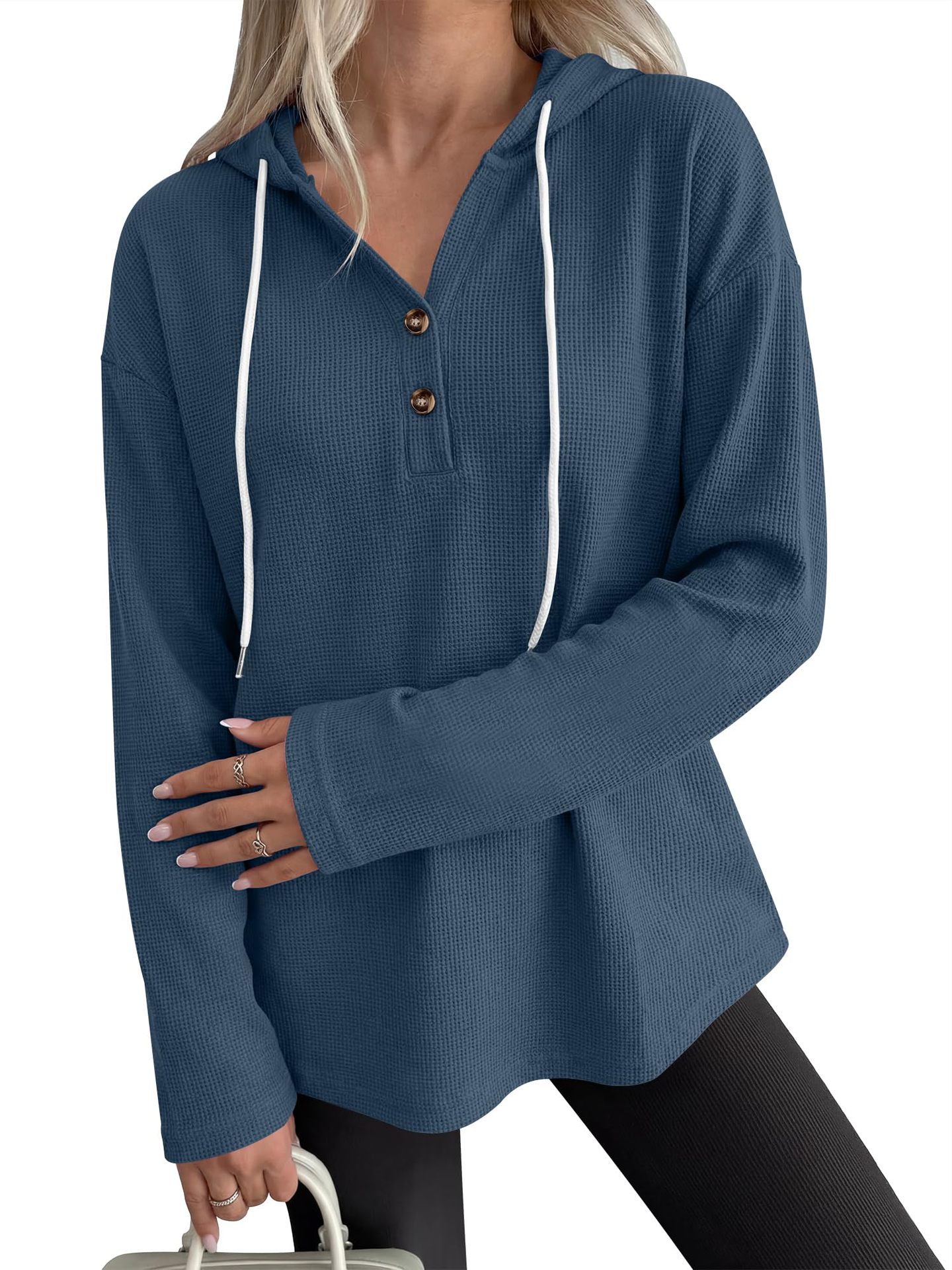 2026 Cross-border European and American women's clothing Amazon Autumn New Waffle hoodie, drawstring loose long-sleeved sweatshirt Item Picture