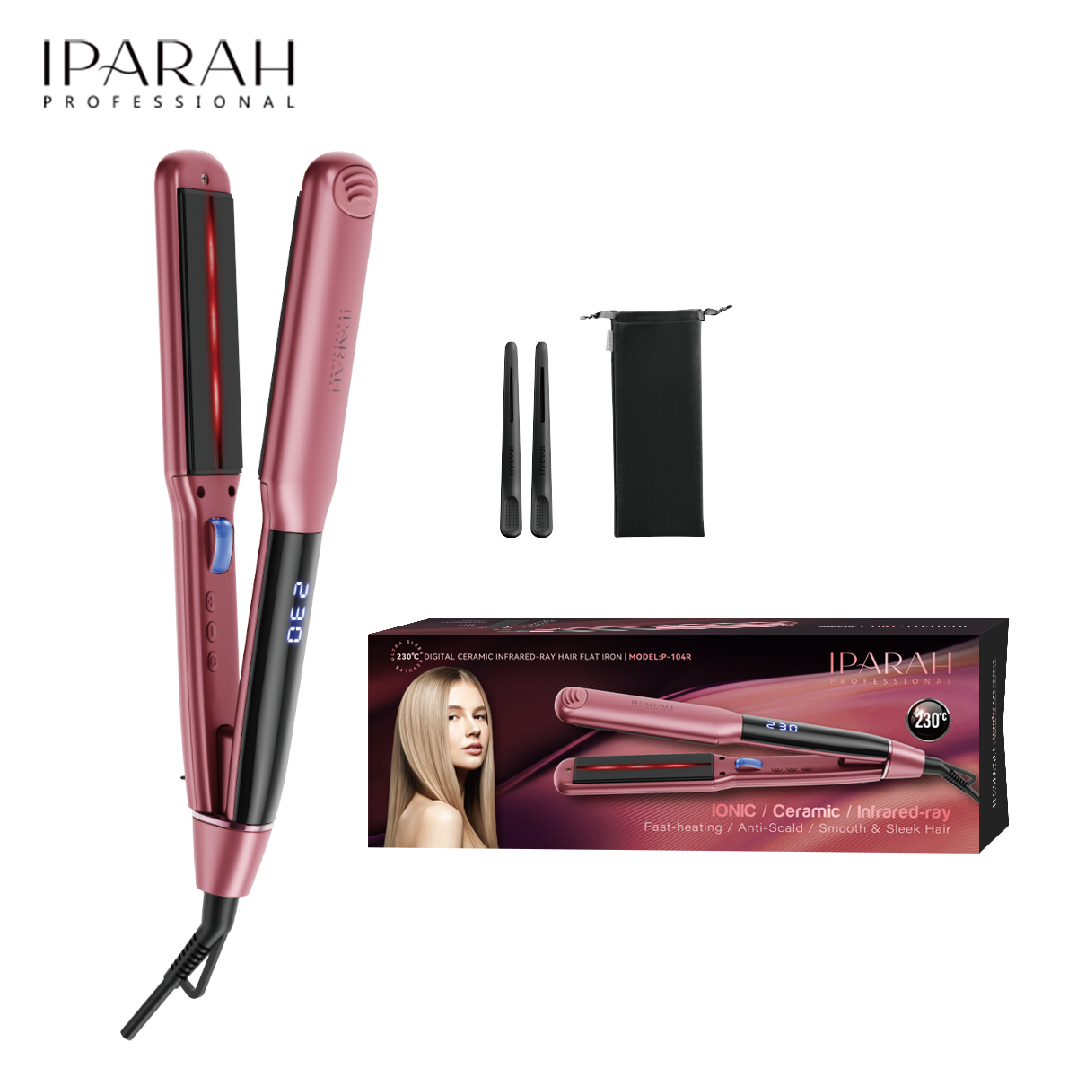 Pink and blue electric heating splint constant temperature hair straightener, ceramic coating P-104 Specification image
