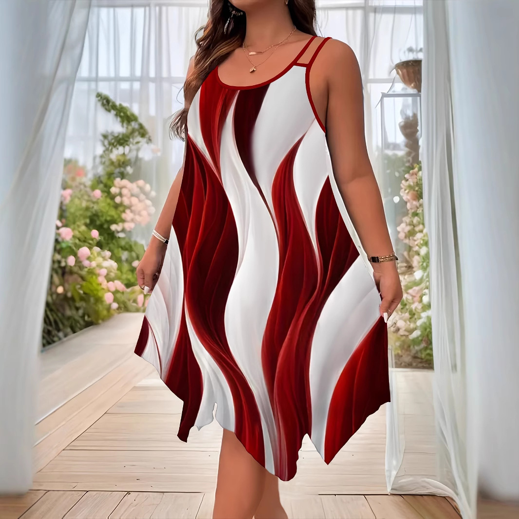 2026 plus-size cross-border summer European and American fashion hem double shoulder strap random printed women's dress, elegant for commuting full image