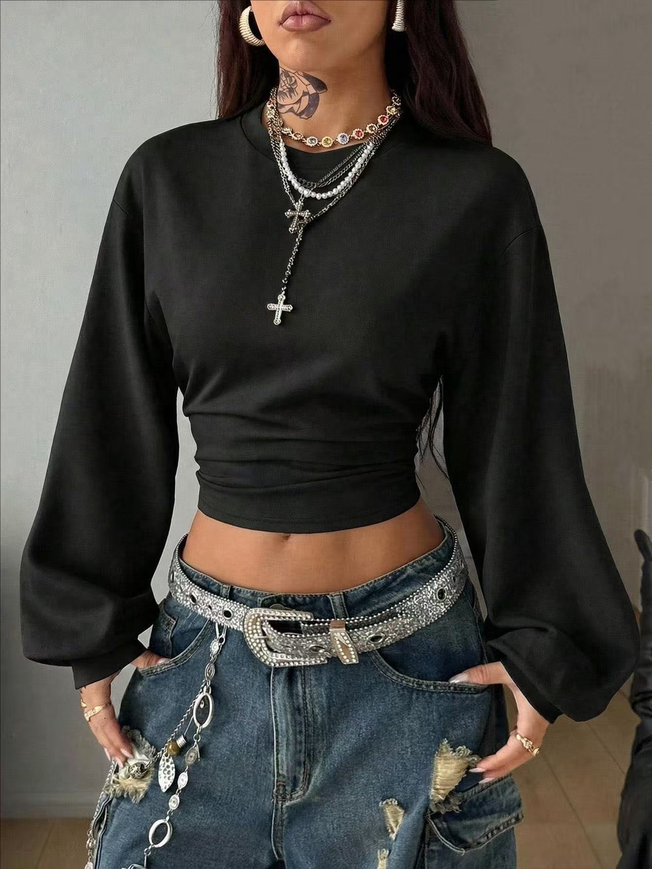 2026 Cross-border European and American women's clothing Amazon Autumn New casual and fashionable solid color pleated long-sleeved pullover hoodie full image