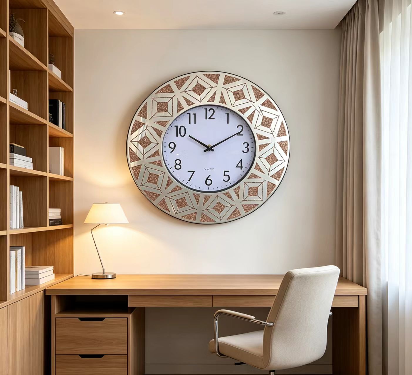 Golden powder-printed glass wall clock, classic artistic craftsmanship, living room, study, entrance wall clock, round and simple decorative wall clock details Picture