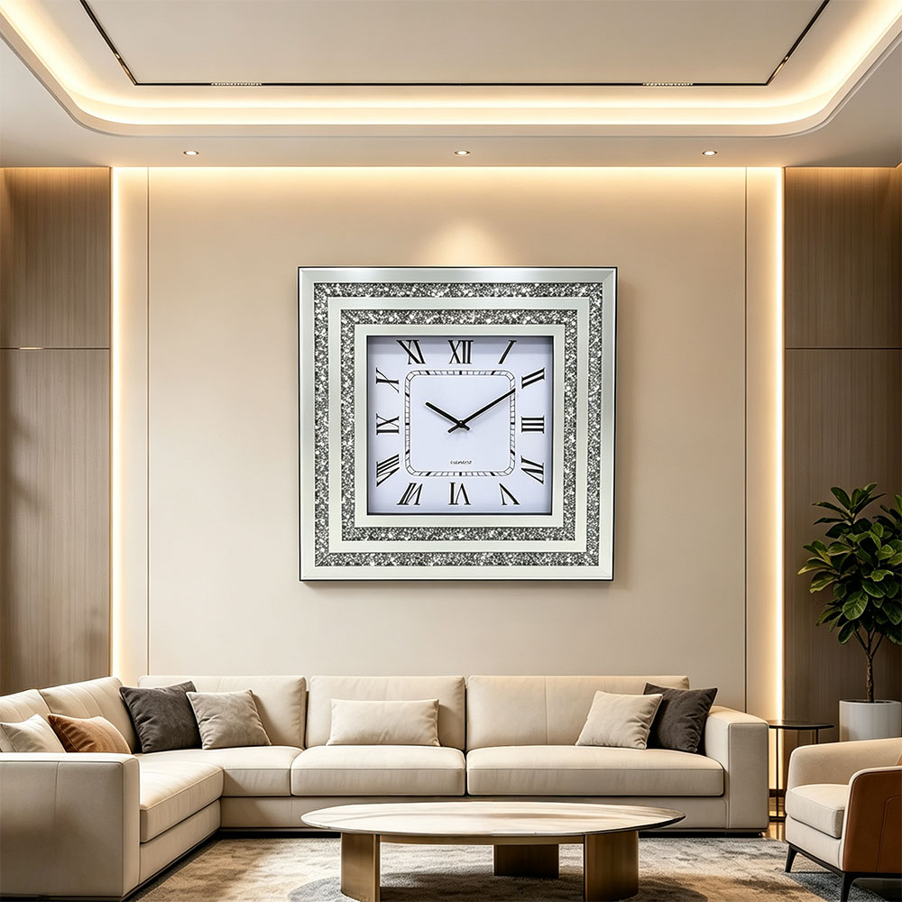 The square silver diamond-encrusted circular double-sided glass artistic craft wall clock has a geometric frame. The lines of the wall clock are clean and regular. The design is low-key and elegant. It is equipped with a silent movement