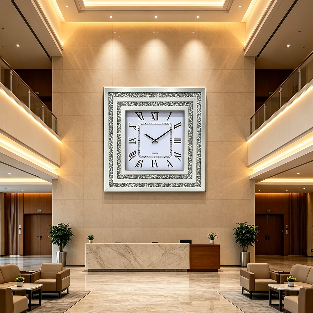The square silver diamond-encrusted circular double-sided glass artistic craft wall clock has a geometric frame. The lines of the wall clock are clean and regular. The design is low-key and elegant. It is equipped with a silent movement Application Scenario