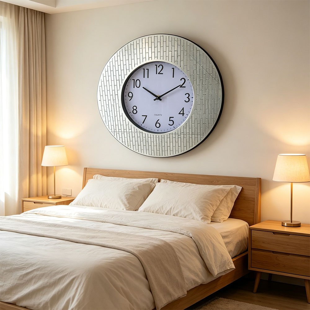 The silver brick-patterned frame circular craftsmanship wall clock is elegant and simple. The scale wall clock design is clean and refreshing, operates quietly, and combines beauty and practicality. It is suitable for hanging in the living room, dining room, home and office