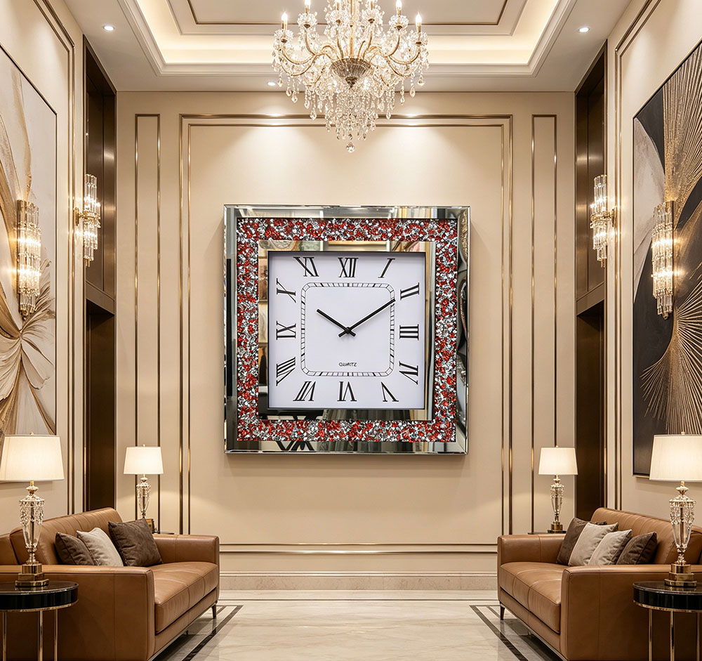 The classic artistic craftsmanship red diamond glass wall clock with a silent movement is versatile for various decoration styles. Its soft and elegant outline and clean, refreshing texture make the wall look neat and tidy