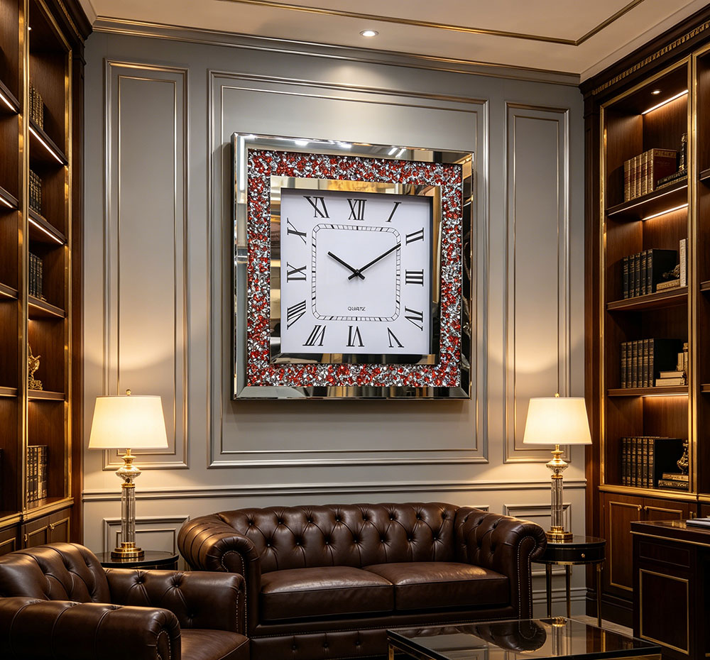 The classic artistic craftsmanship red diamond glass wall clock with a silent movement is versatile for various decoration styles. Its soft and elegant outline and clean, refreshing texture make the wall look neat and tidy Application Scenario