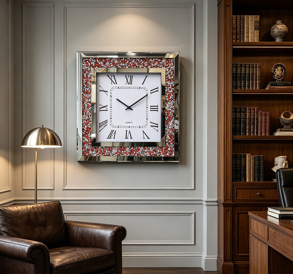 The classic artistic craftsmanship red diamond glass wall clock with a silent movement is versatile for various decoration styles. Its soft and elegant outline and clean, refreshing texture make the wall look neat and tidy Item Picture