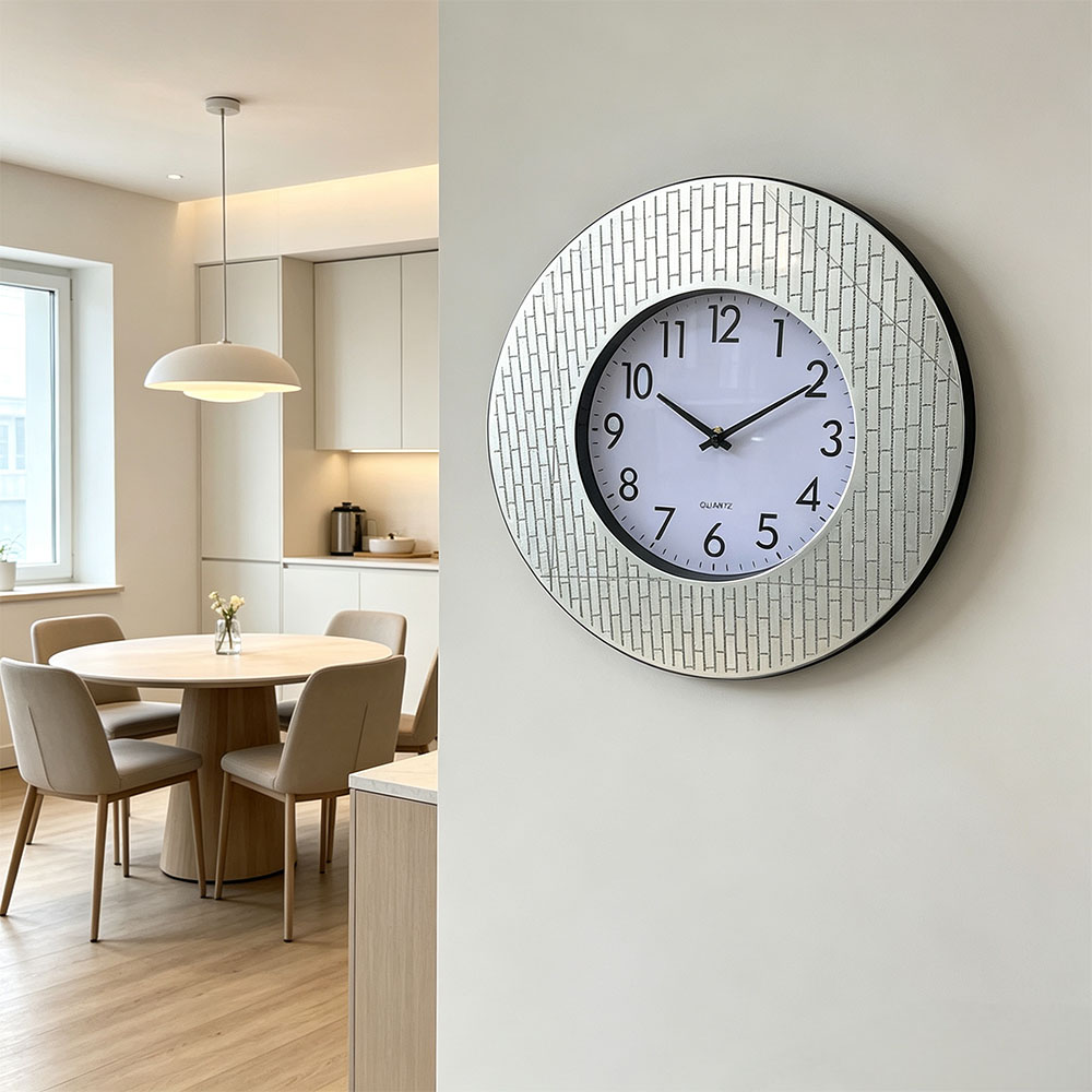 The silver brick-patterned frame circular craftsmanship wall clock is elegant and simple. The scale wall clock design is clean and refreshing, operates quietly, and combines beauty and practicality. It is suitable for hanging in the living room, dining room, home and office Application Scenario