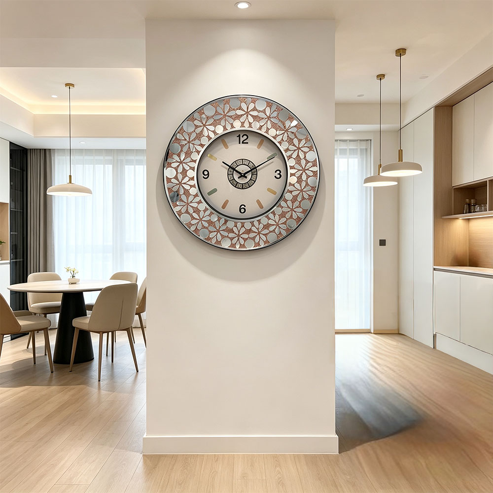 Circular floral decorated retro mirror wall clock, low-key luxury, quiet timekeeping, simple and elegant, a handicraft clock, decorative wall clock for the entrance hall, home living room and bedroom Item Picture