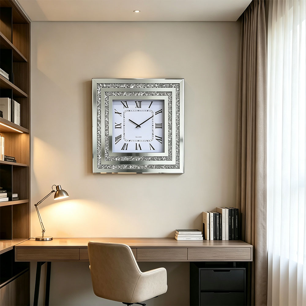 The square silver diamond-encrusted circular double-sided glass artistic craft wall clock has a geometric frame. The lines of the wall clock are clean and regular. The design is low-key and elegant. It is equipped with a silent movement Item Picture