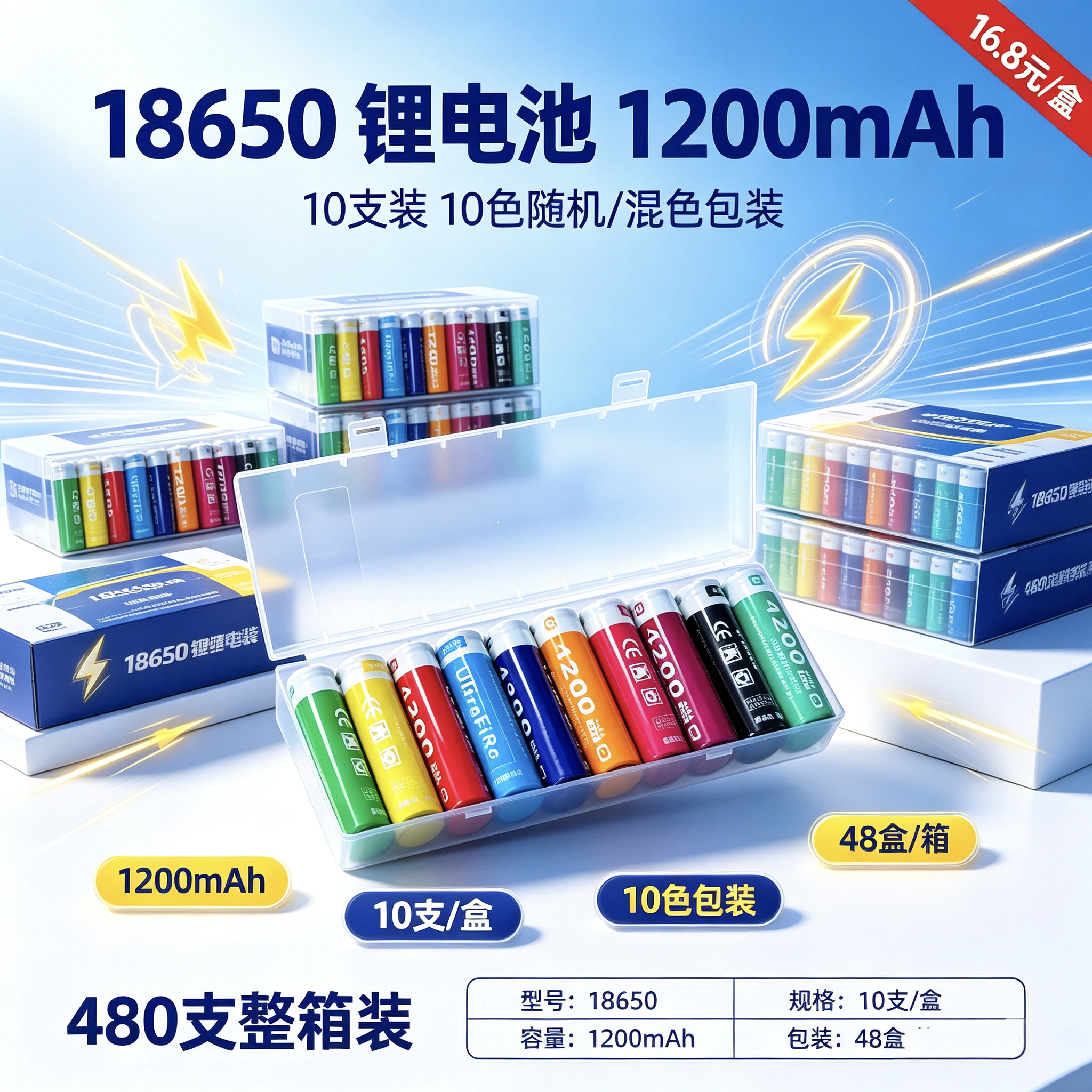 18650锂电池4200mAh大容量 3.7V强光手电筒小风扇充电电池10支盒装
​