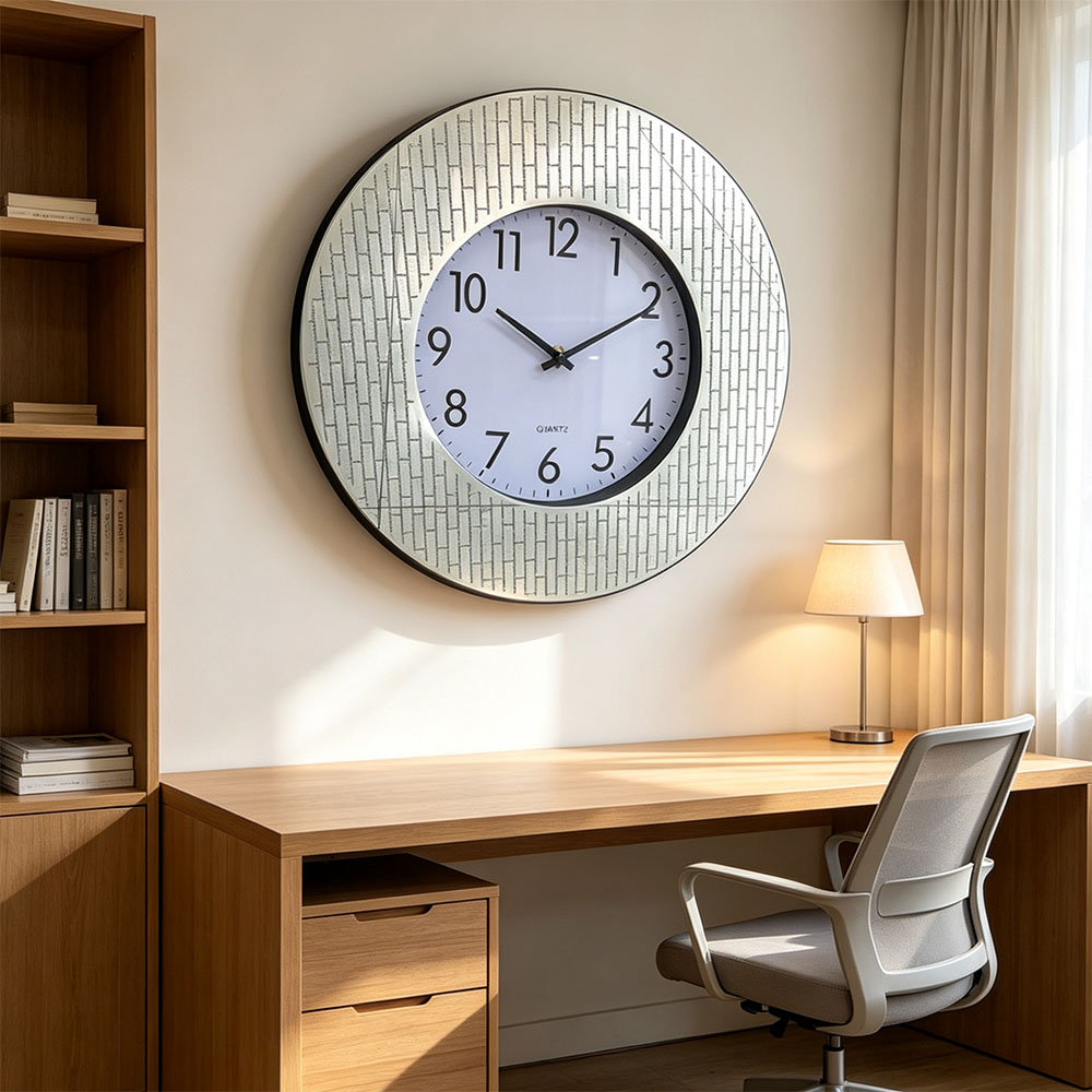 The silver brick-patterned frame circular craftsmanship wall clock is elegant and simple. The scale wall clock design is clean and refreshing, operates quietly, and combines beauty and practicality. It is suitable for hanging in the living room, dining room, home and office details Picture