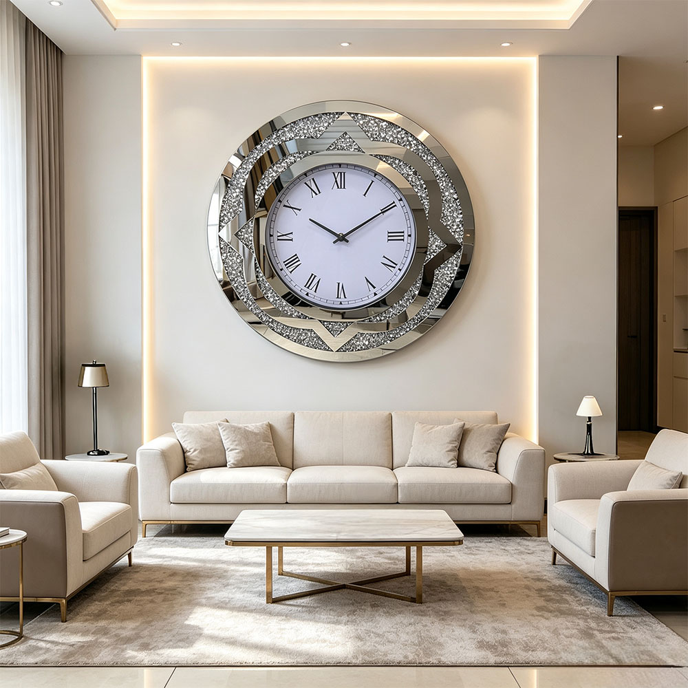 The silver diamond-encrusted circular double-sided glass artistic craft wall clock has a geometric frame. The lines of the wall clock are clean and regular. The design is low-key and elegant. It is equipped with a silent movement