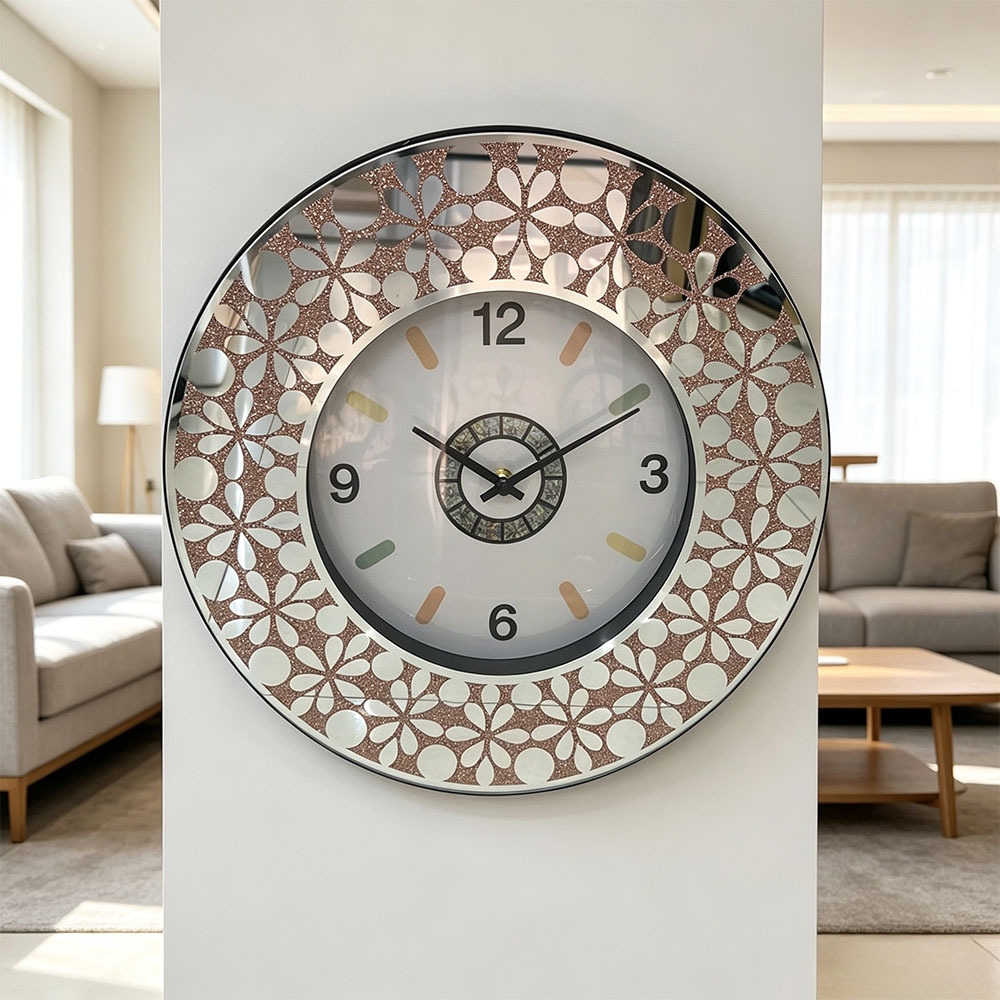 Circular floral decorated retro mirror wall clock, low-key luxury, quiet timekeeping, simple and elegant, a handicraft clock, decorative wall clock for the entrance hall, home living room and bedroom Specification image