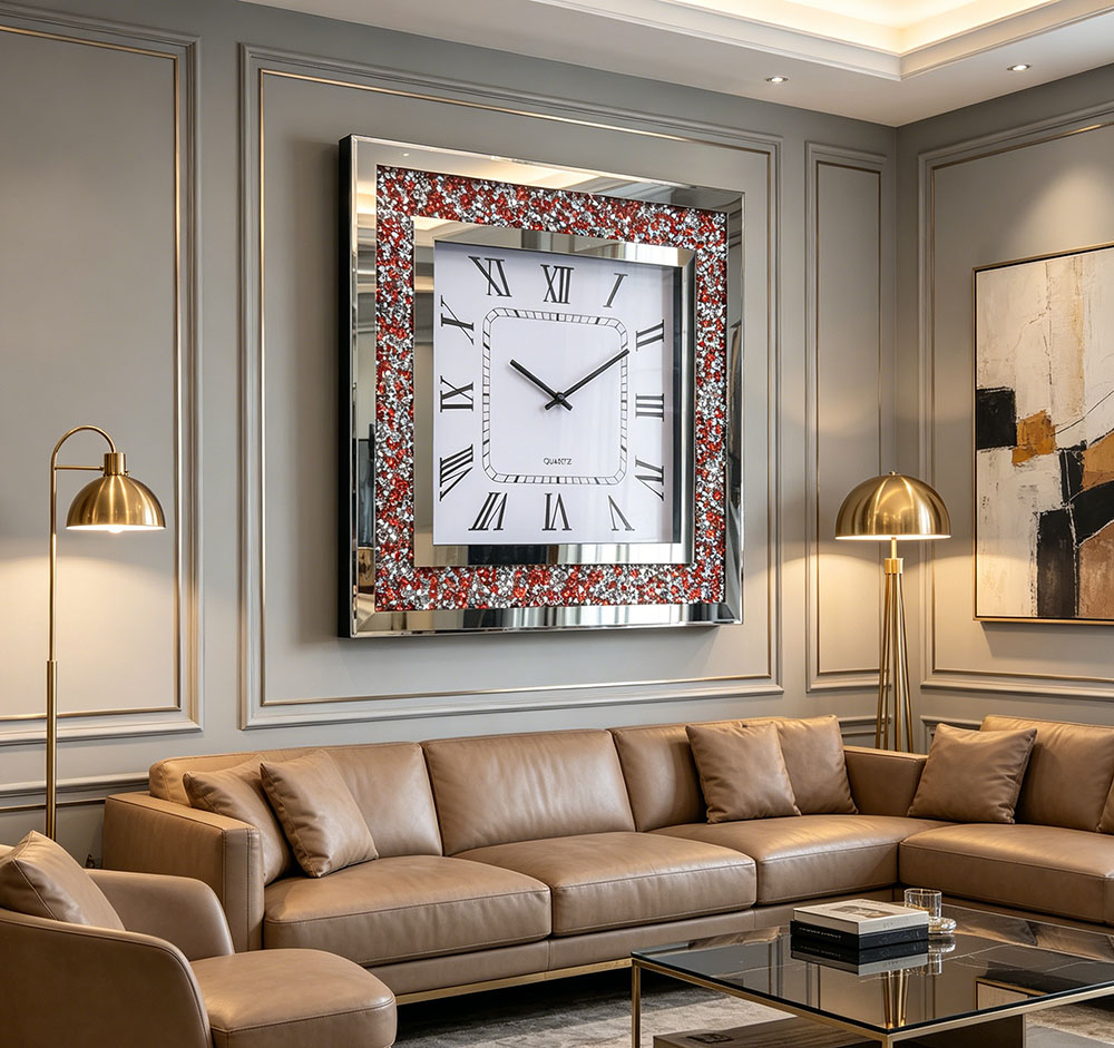The classic artistic craftsmanship red diamond glass wall clock with a silent movement is versatile for various decoration styles. Its soft and elegant outline and clean, refreshing texture make the wall look neat and tidy details Picture