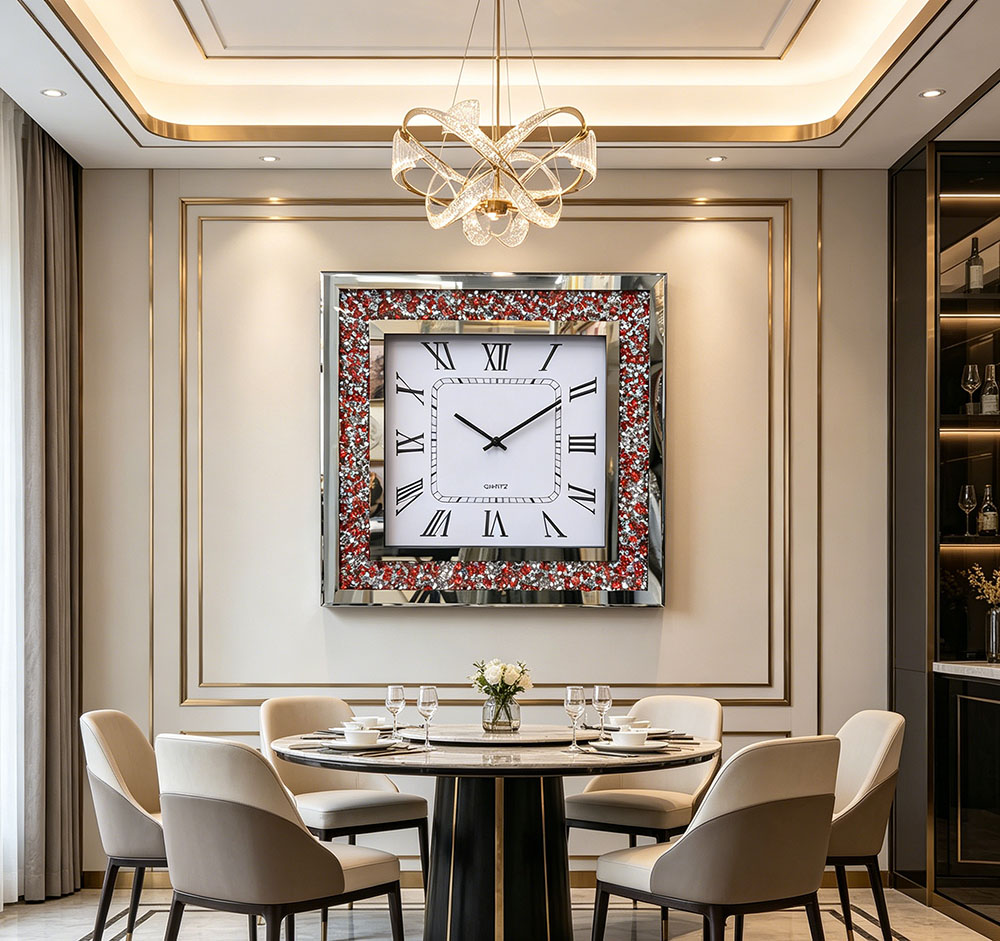 The classic artistic craftsmanship red diamond glass wall clock with a silent movement is versatile for various decoration styles. Its soft and elegant outline and clean, refreshing texture make the wall look neat and tidy Specification image