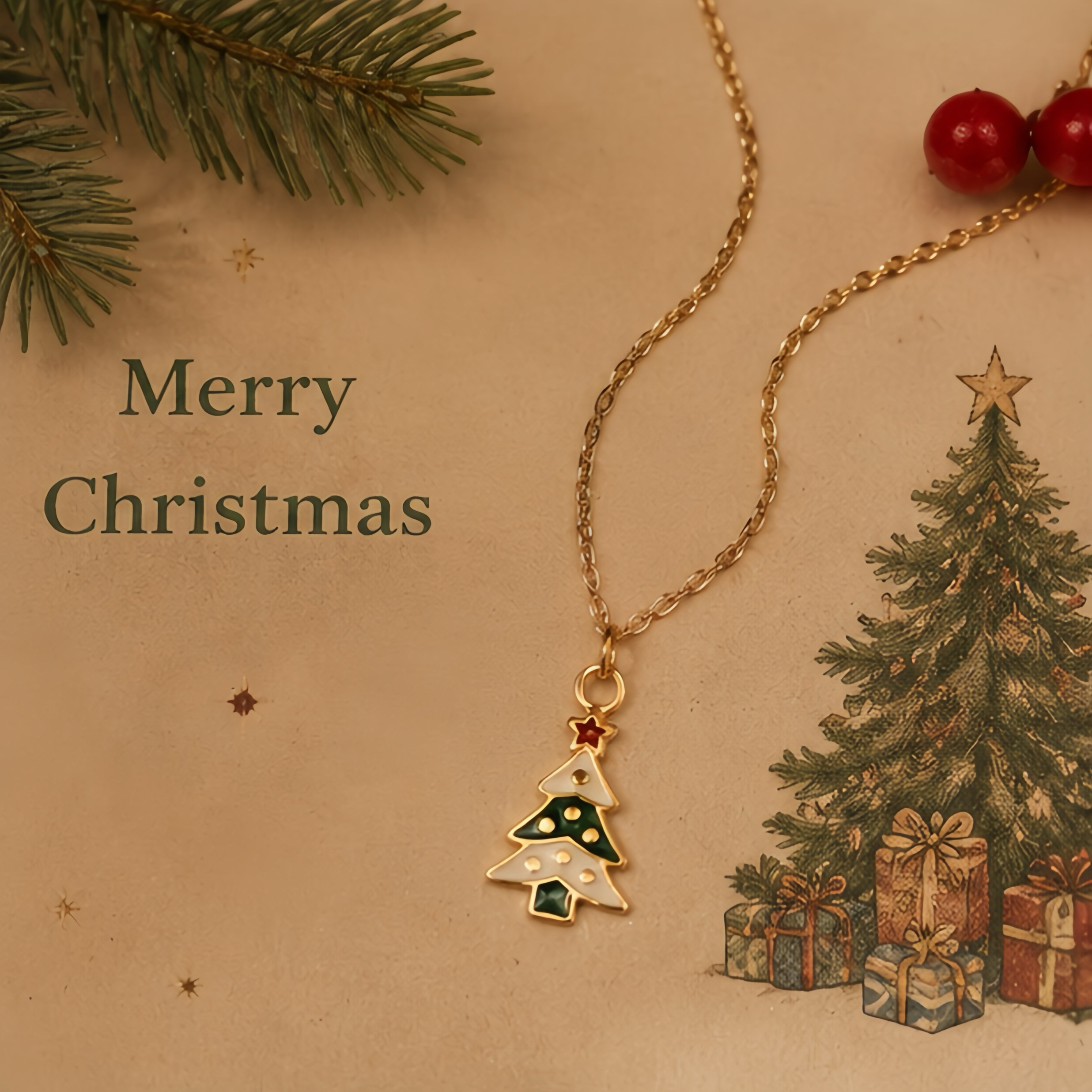 Color-blocking and layered Christmas tree pendant, stainless steel chain, retro and aged style, Christmas accessory, holiday niche, childlike and exquisite collarbone chain details Picture