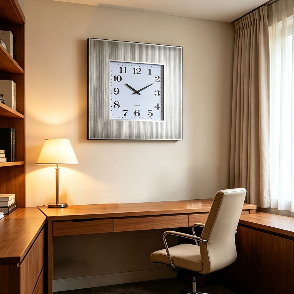 Silver and gold printed powder striped glass wall clock, artistic craftsmanship, living room, study, entrance hall wall clock, square simple decorative wall clock Specification image