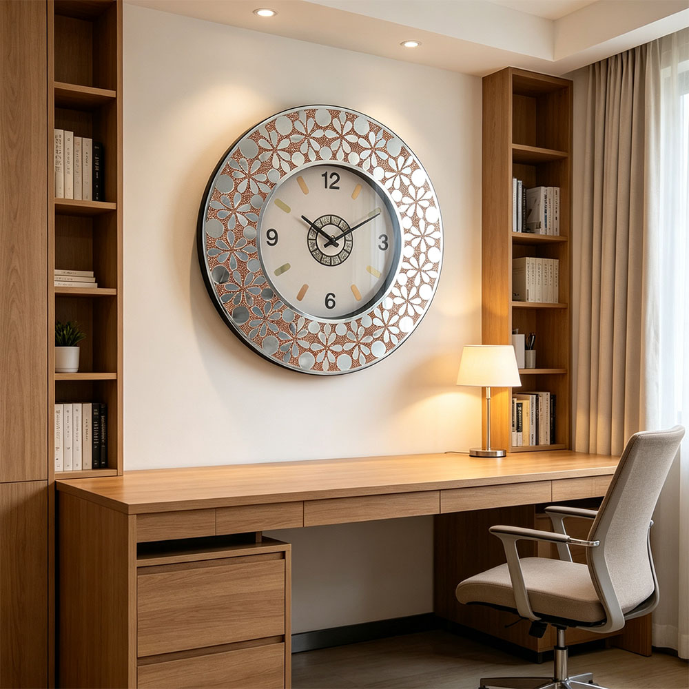 Circular floral decorated retro mirror wall clock, low-key luxury, quiet timekeeping, simple and elegant, a handicraft clock, decorative wall clock for the entrance hall, home living room and bedroom details Picture