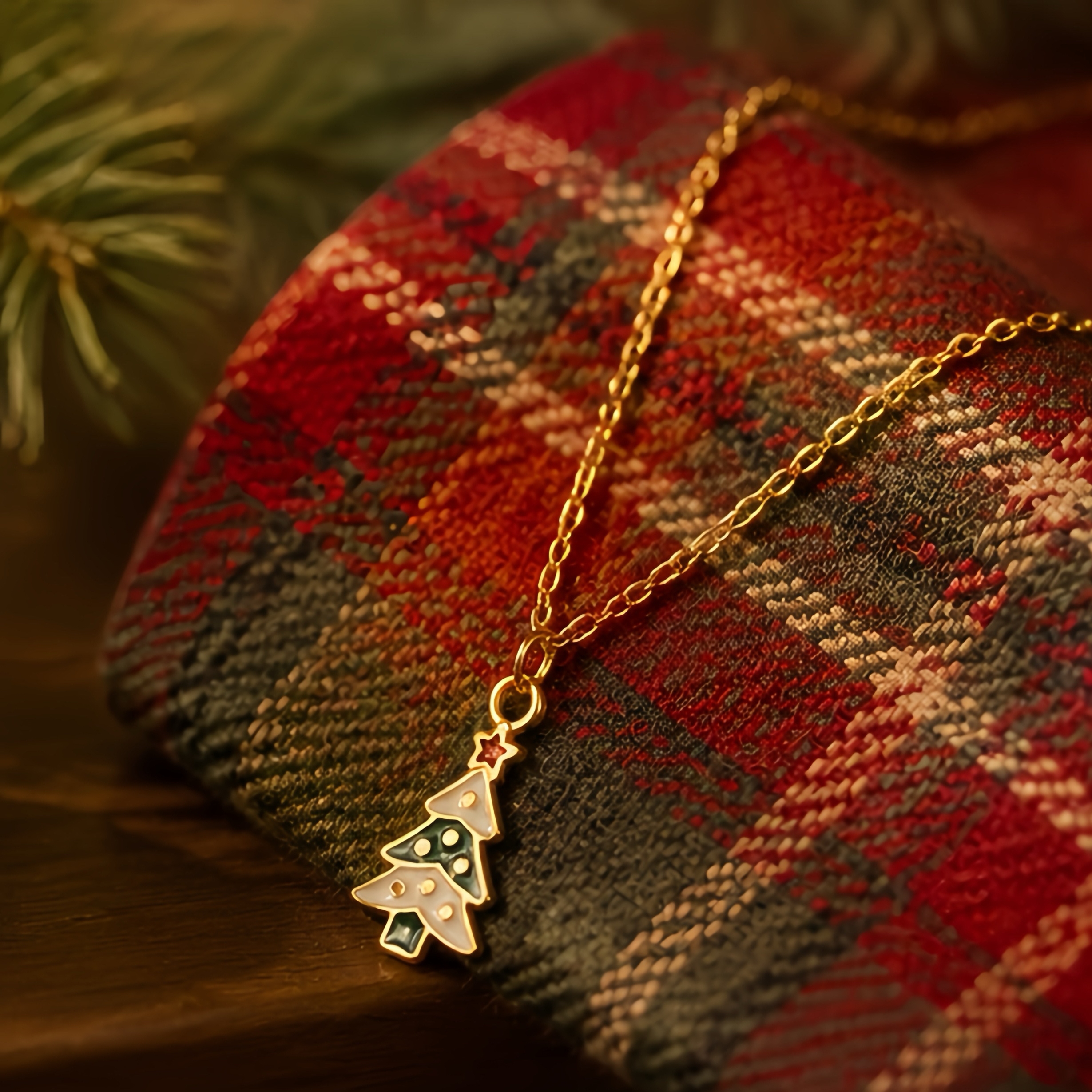 Color-blocking and layered Christmas tree pendant, stainless steel chain, retro and aged style, Christmas accessory, holiday niche, childlike and exquisite collarbone chain Specification image
