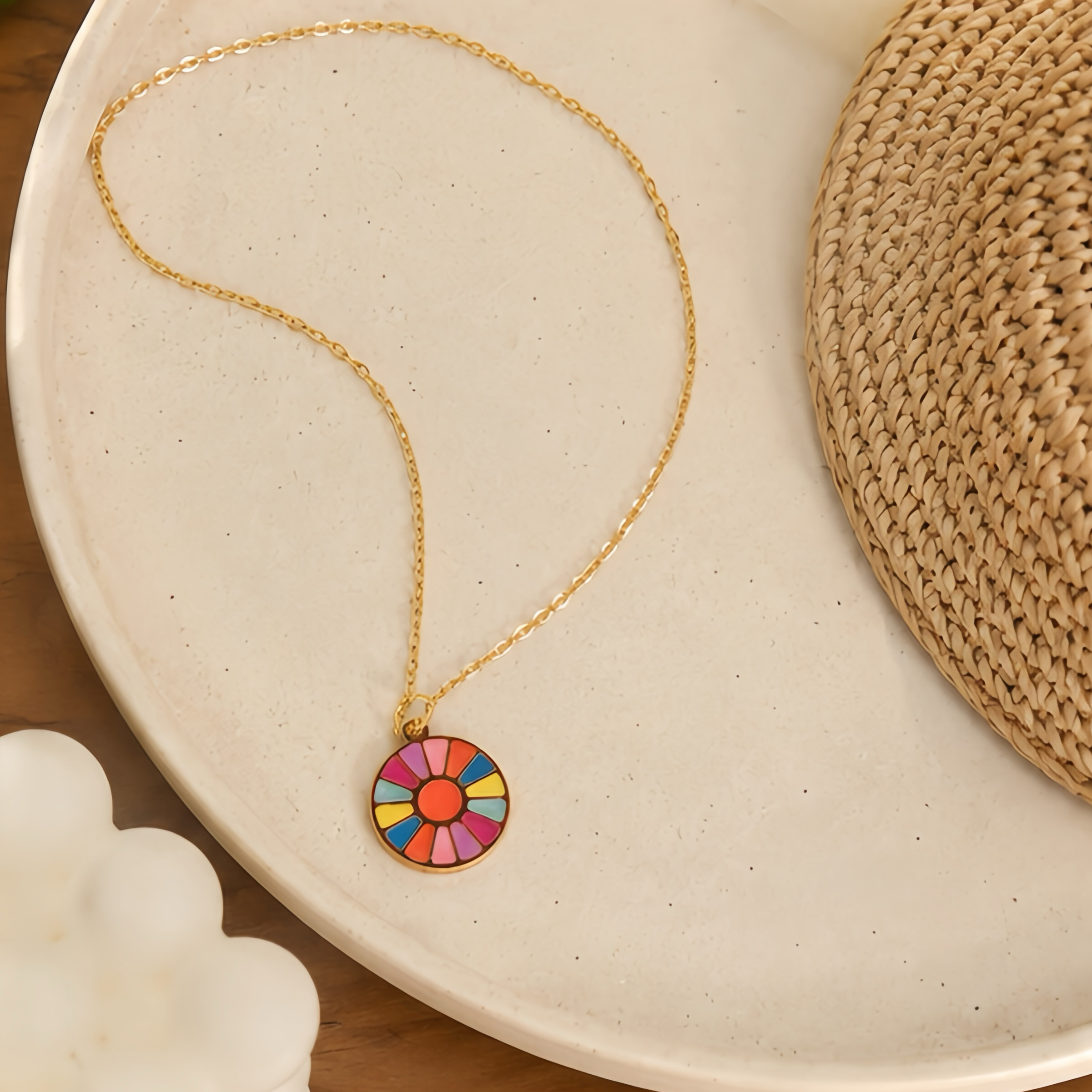 Rainbow fan-shaped disc oil-dripping stainless steel necklace, dopamine colorful vacation style outfit, bright color, niche and not easy to fade collarbone chain details Picture