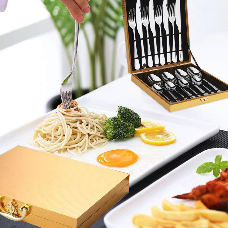Gold and silver knife and fork steak plates, Western fork and knife stainless steel tableware, high-end wooden box set details Picture