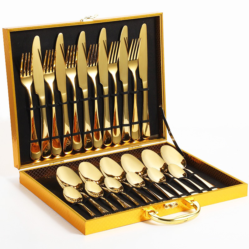 Gold and silver knife and fork steak plates, Western fork and knife stainless steel tableware, high-end wooden box set Specification image
