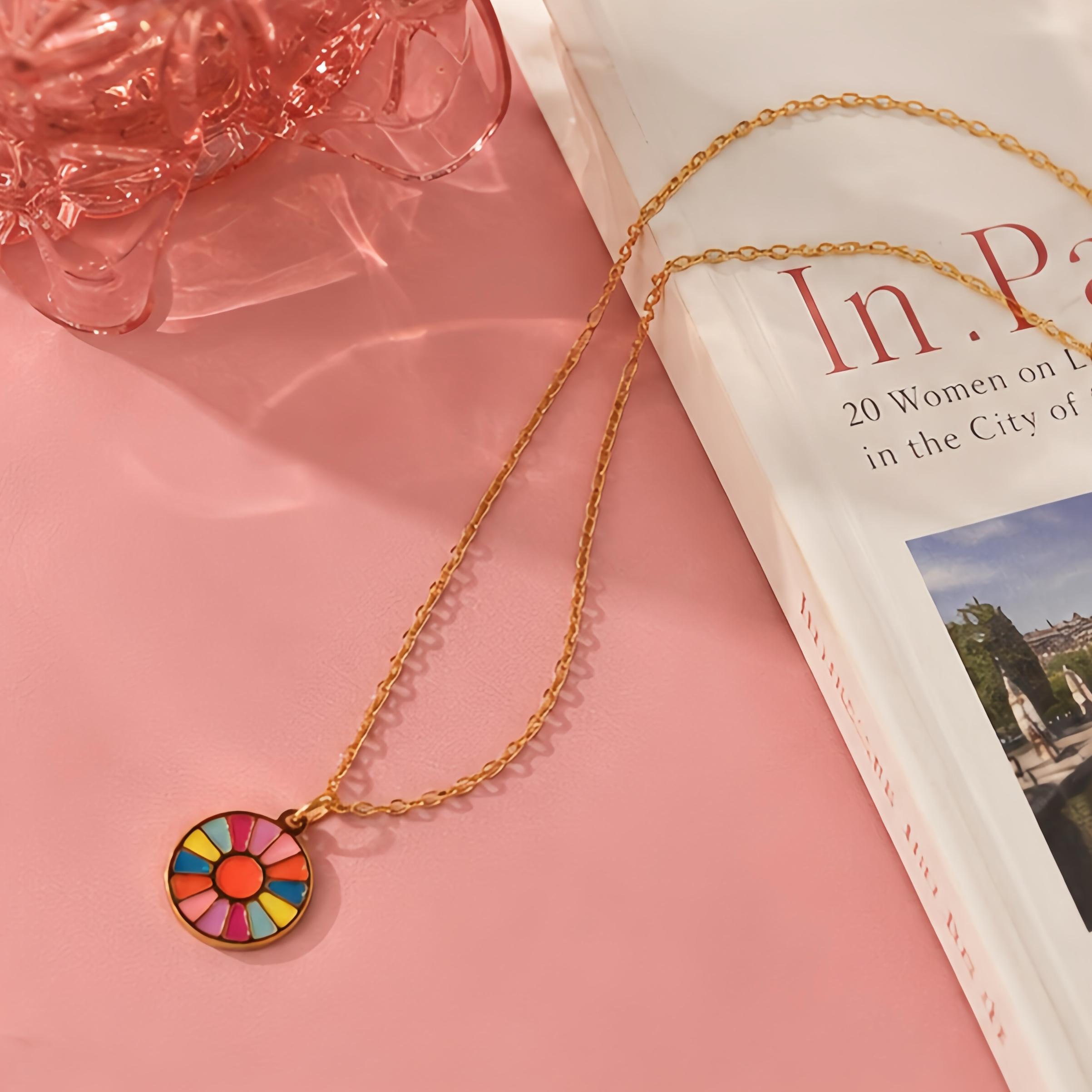 Rainbow fan-shaped disc oil-dripping stainless steel necklace, dopamine colorful vacation style outfit, bright color, niche and not easy to fade collarbone chain