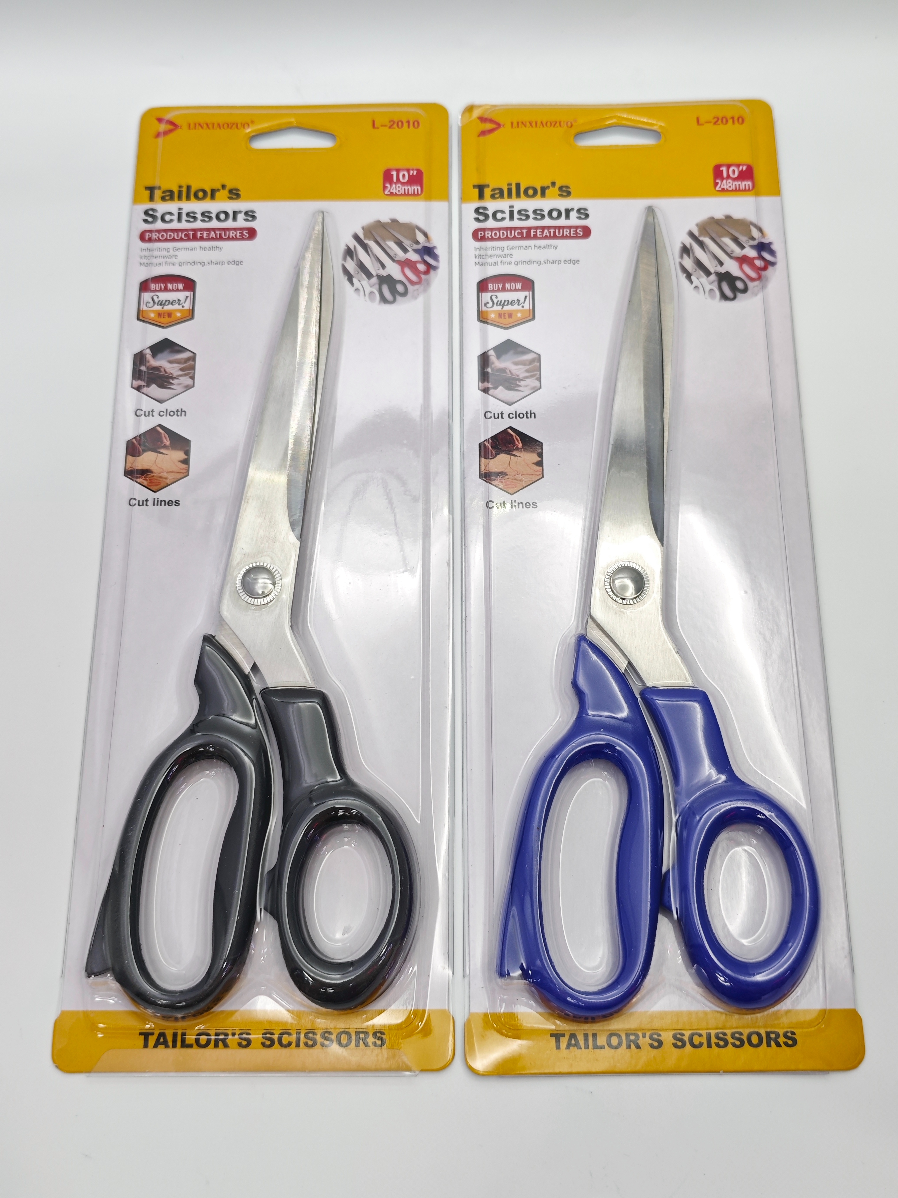 Hand-made scissors L-2010, black, blue, red, white handle, 10-inch 248mm tailor's cutting and opening knife, transparent shell