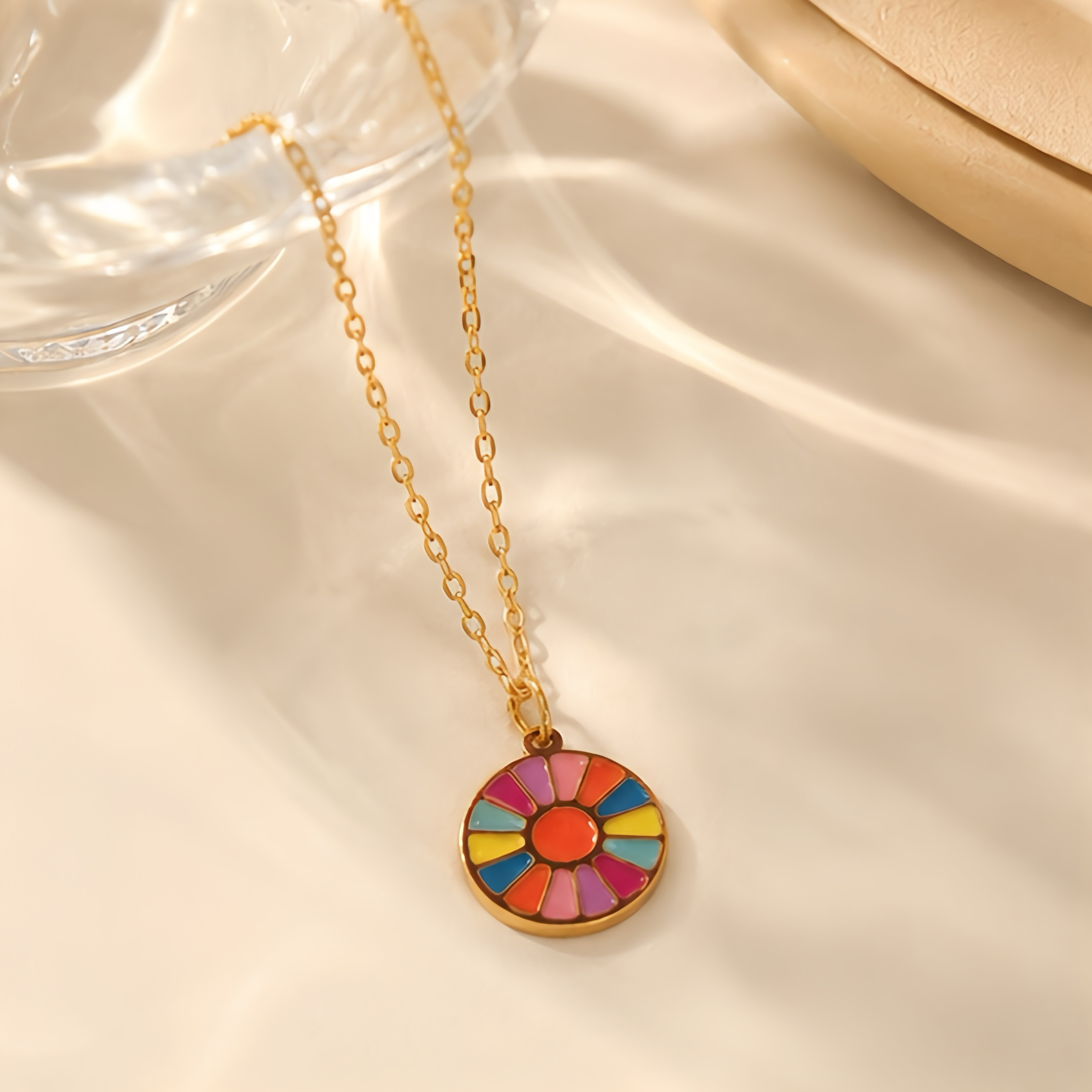 Rainbow fan-shaped disc oil-dripping stainless steel necklace, dopamine colorful vacation style outfit, bright color, niche and not easy to fade collarbone chain Specification image